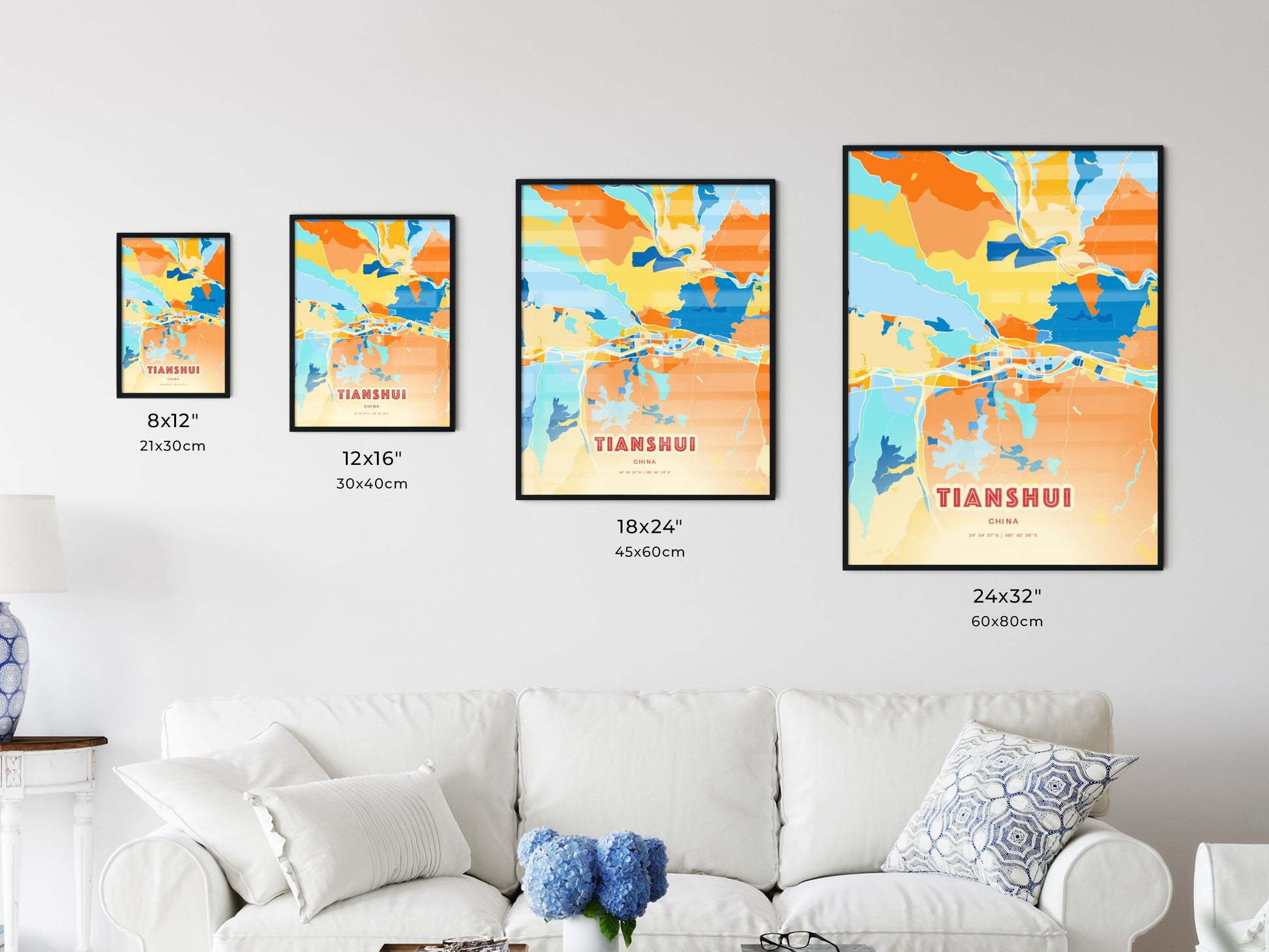 Colorful TIANSHUI CHINA Fine Art Map Blue Orange