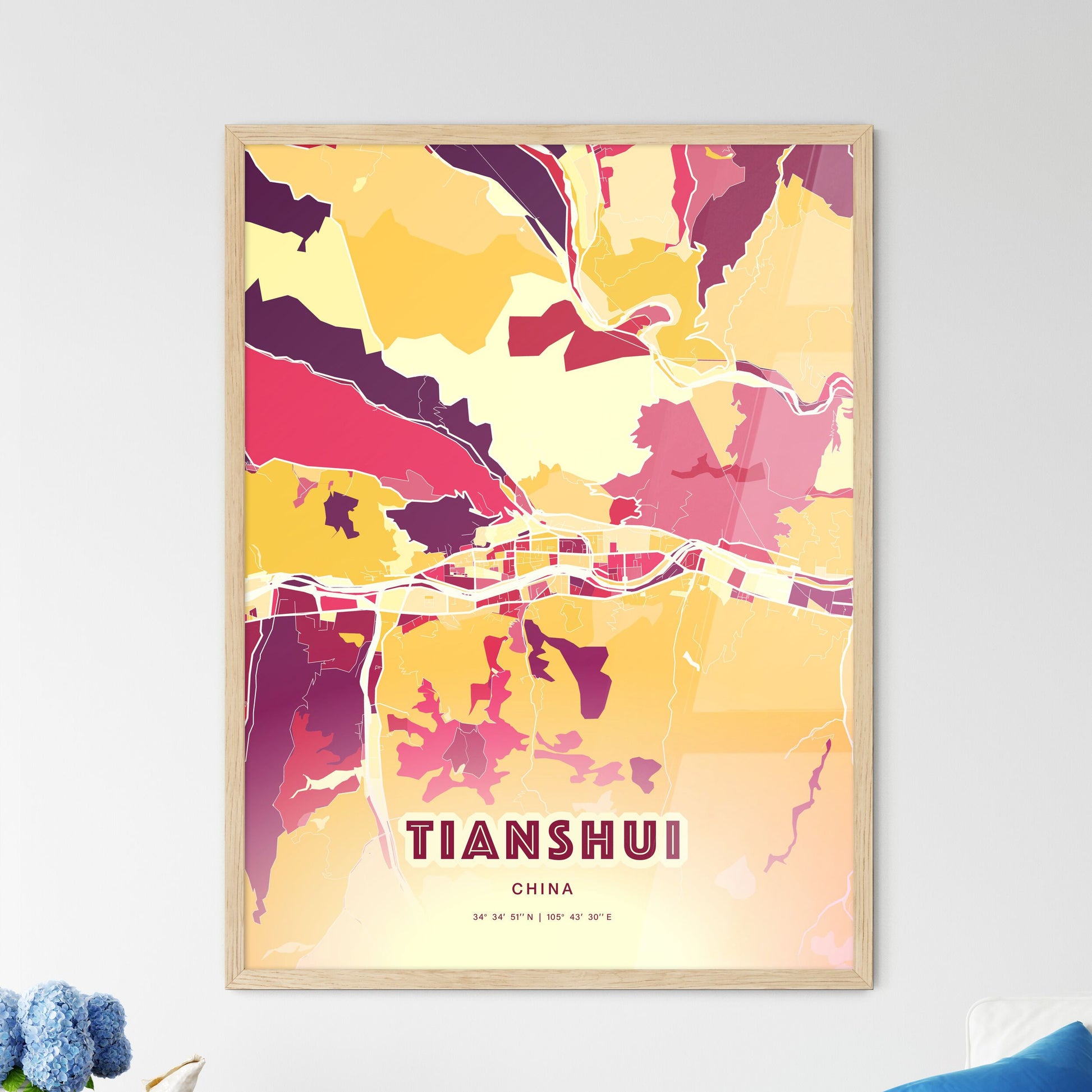 Colorful TIANSHUI CHINA Fine Art Map Hot Red