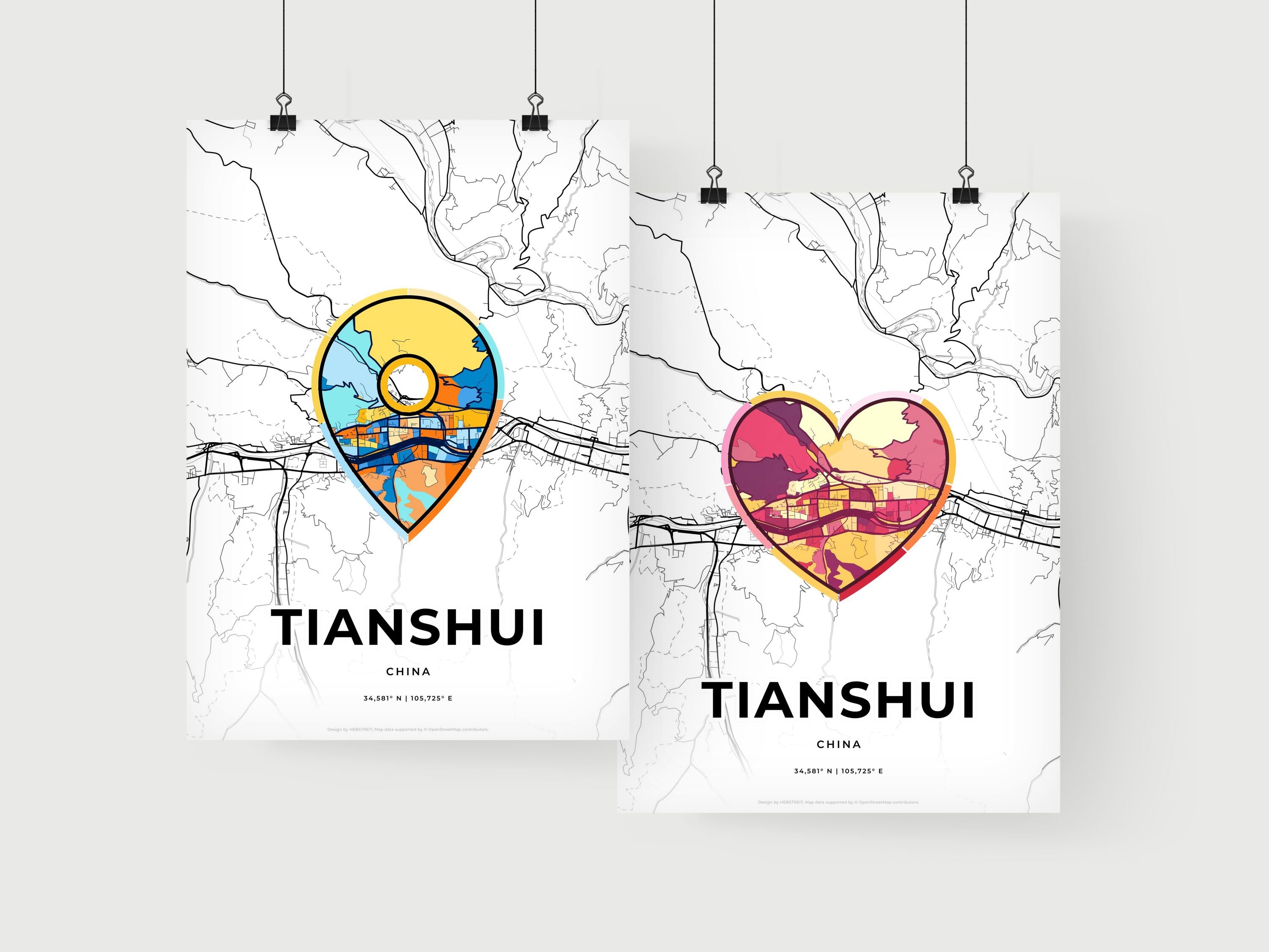 Art Map of Tianshui China, Minimal Art Map With A Colorful Icon – HEBSTREIT