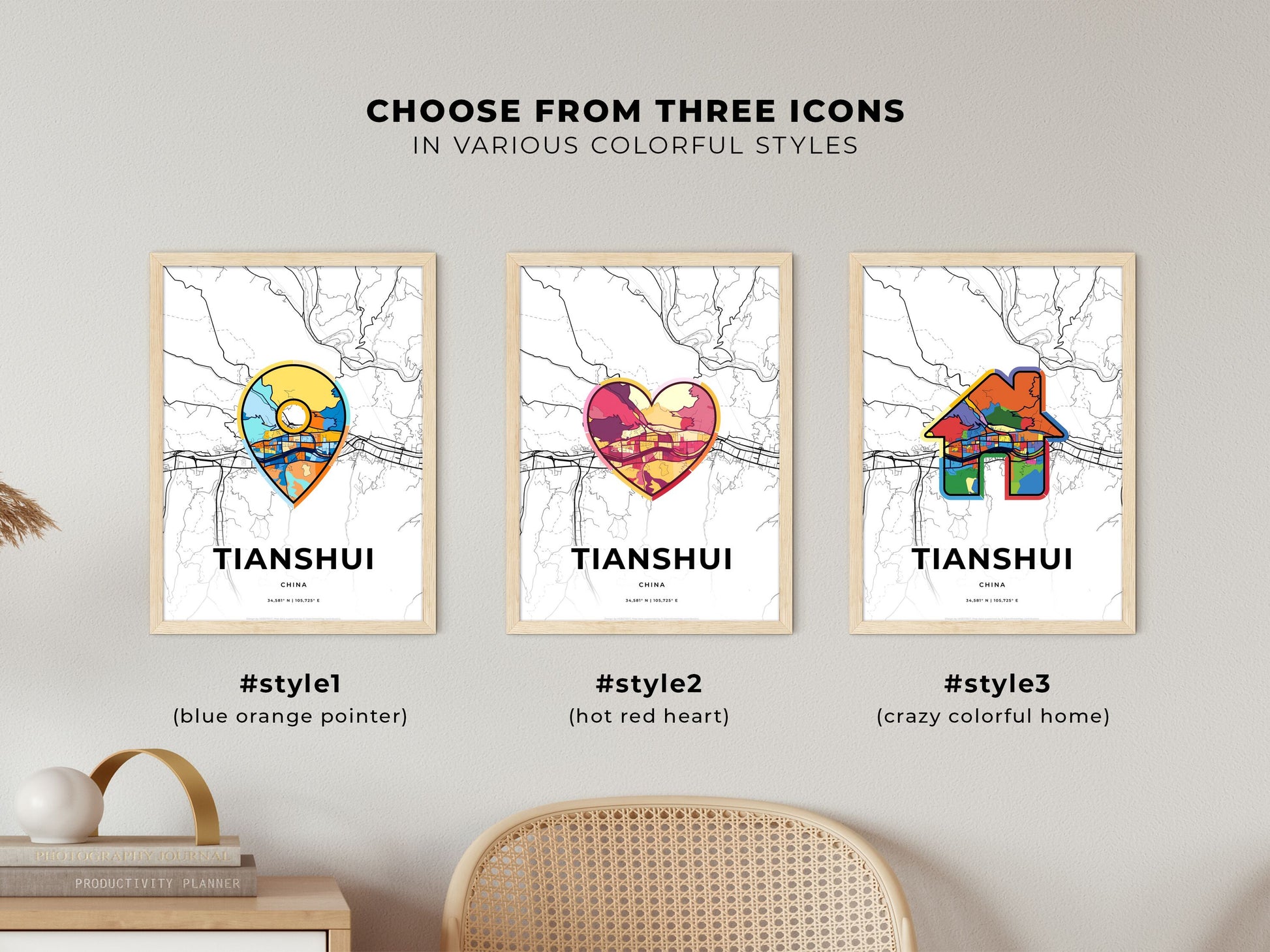 TIANSHUI CHINA minimal art map with a colorful icon.