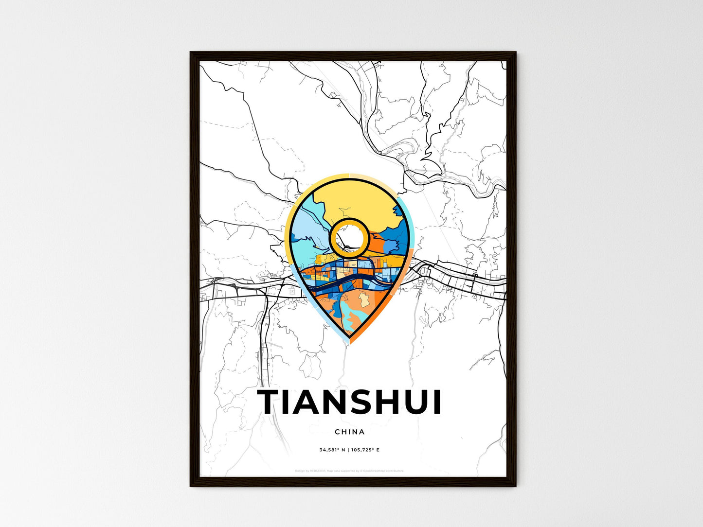 TIANSHUI CHINA minimal art map with a colorful icon. Where it all began, Couple map gift. Style 1