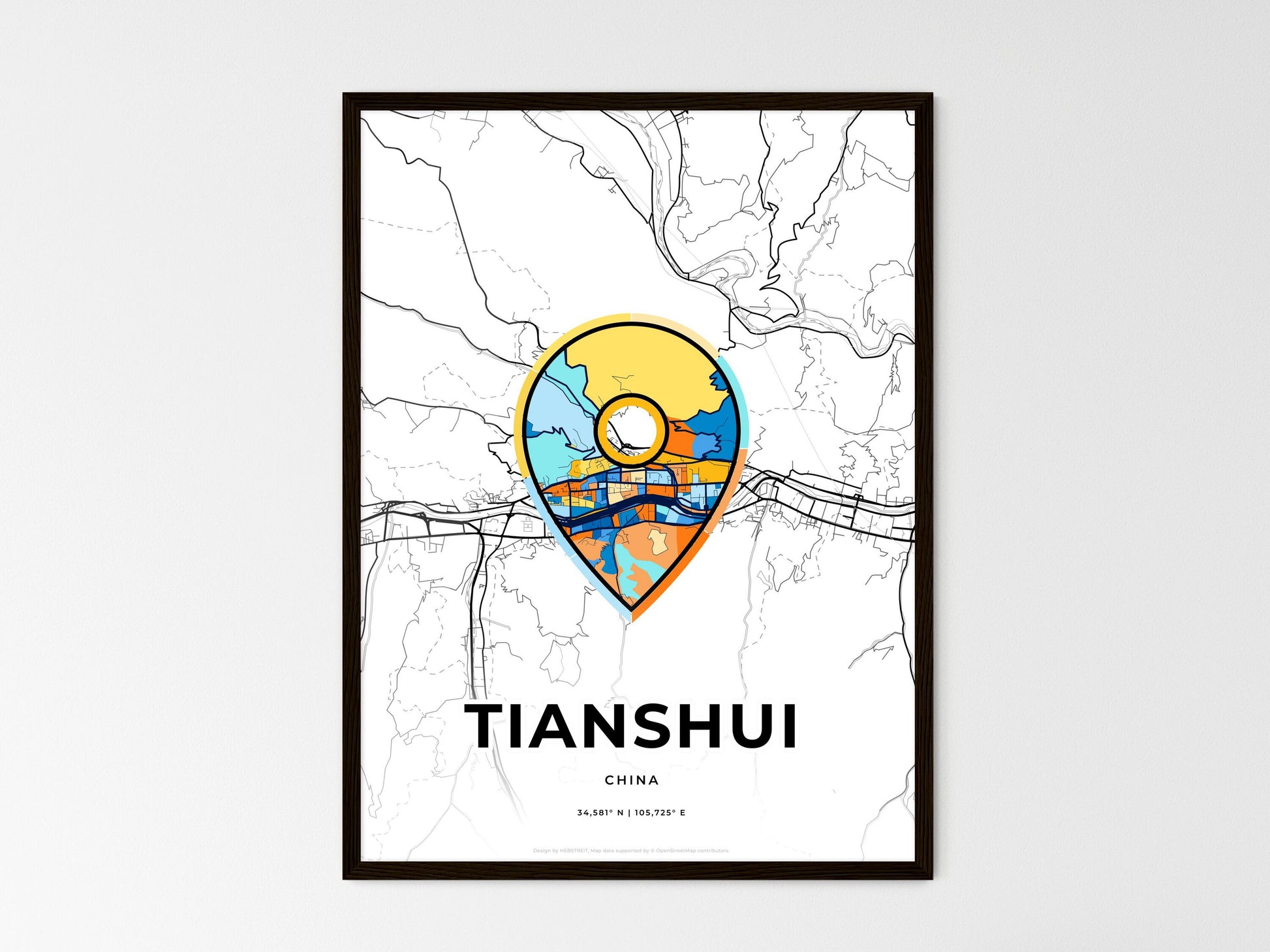 TIANSHUI CHINA minimal art map with a colorful icon. Where it all began, Couple map gift. Style 1
