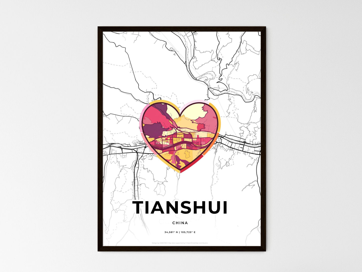 TIANSHUI CHINA minimal art map with a colorful icon. Where it all began, Couple map gift. Style 2