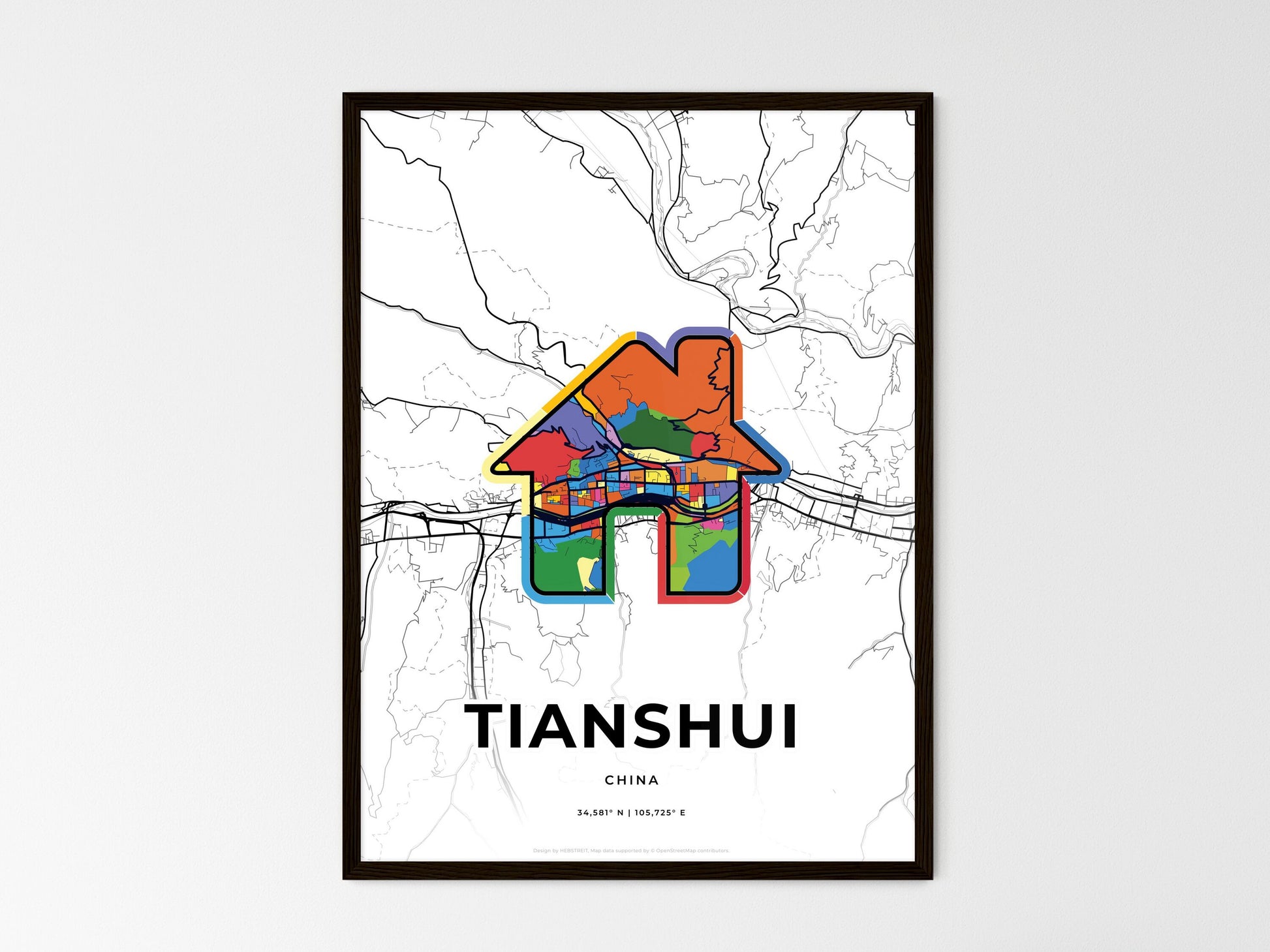TIANSHUI CHINA minimal art map with a colorful icon. Style 3