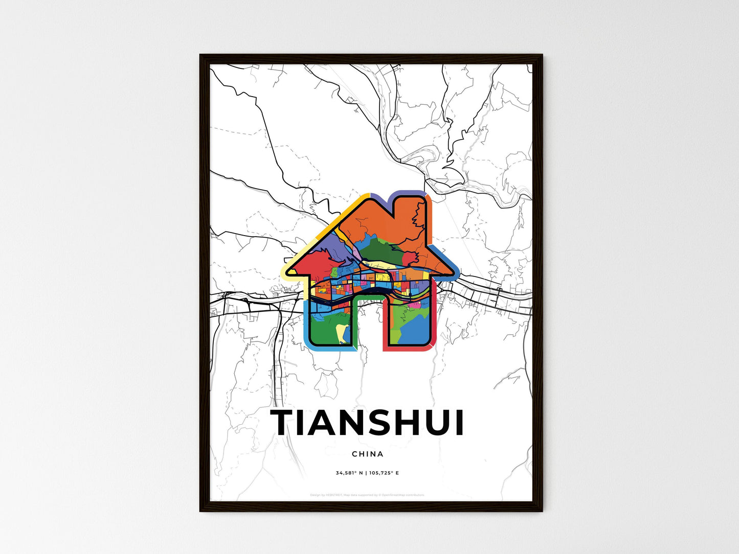 TIANSHUI CHINA minimal art map with a colorful icon. Where it all began, Couple map gift. Style 3