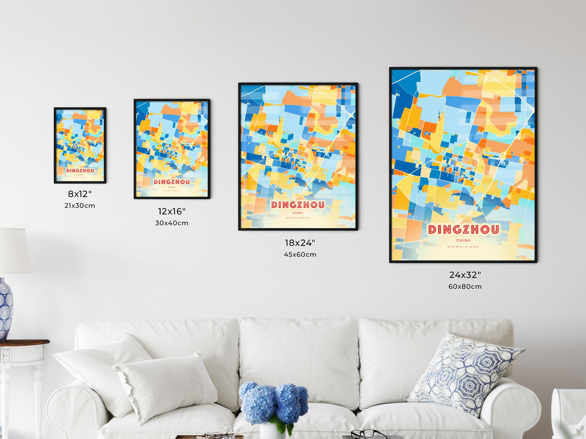 Colorful DINGZHOU CHINA Fine Art Map Blue Orange