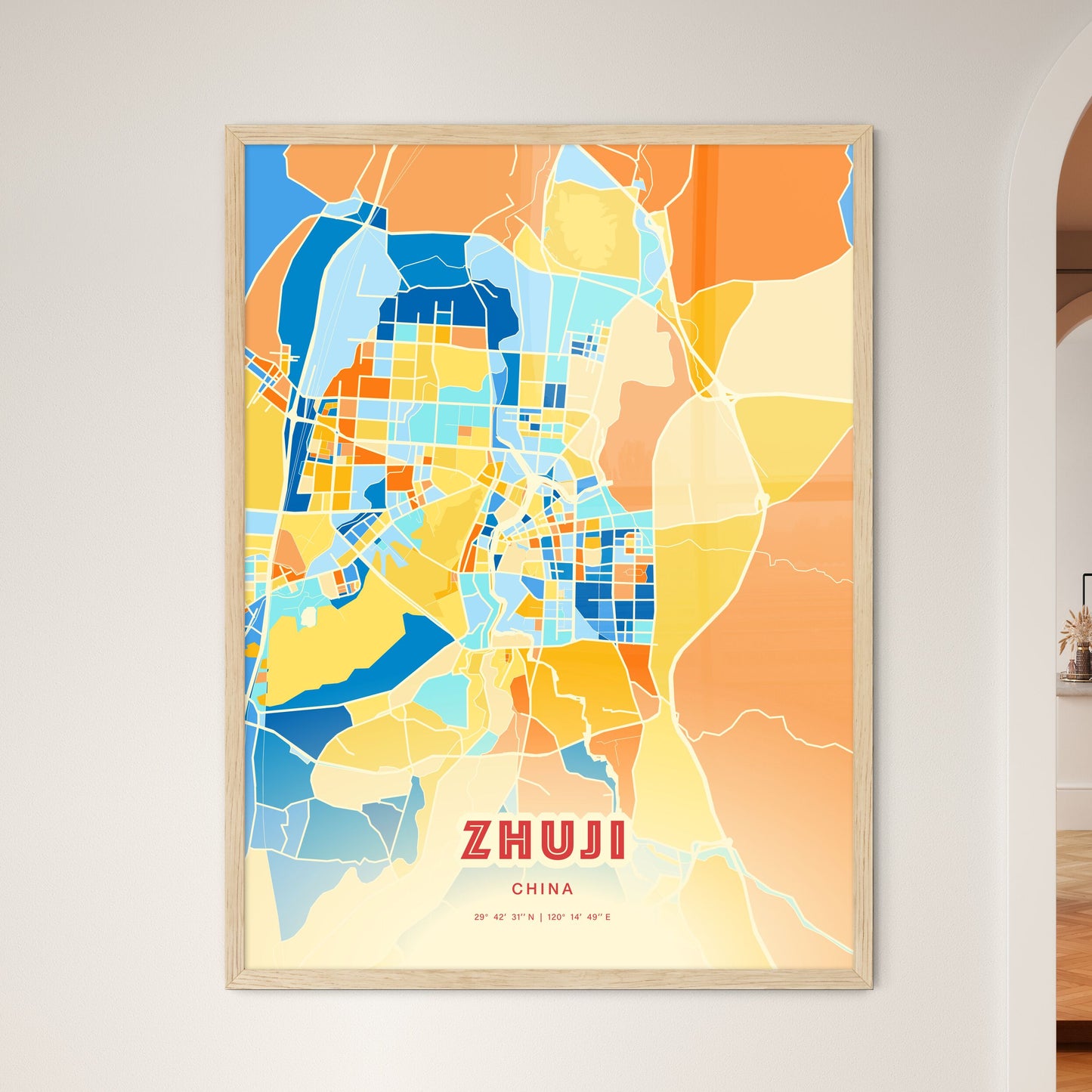 Colorful ZHUJI CHINA Fine Art Map Blue Orange