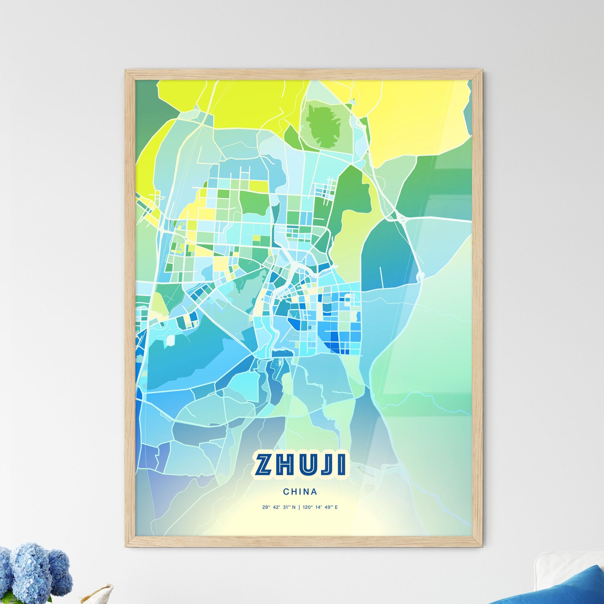 Colorful ZHUJI CHINA Fine Art Map Cool Blue