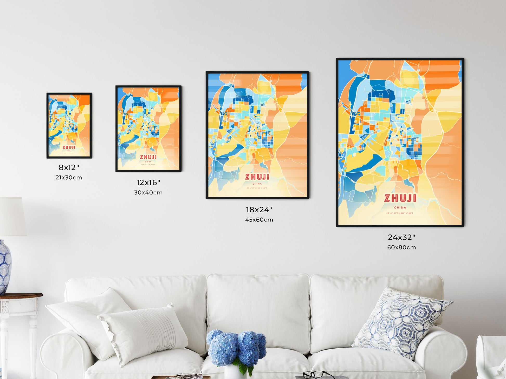 Colorful ZHUJI CHINA Fine Art Map Blue Orange