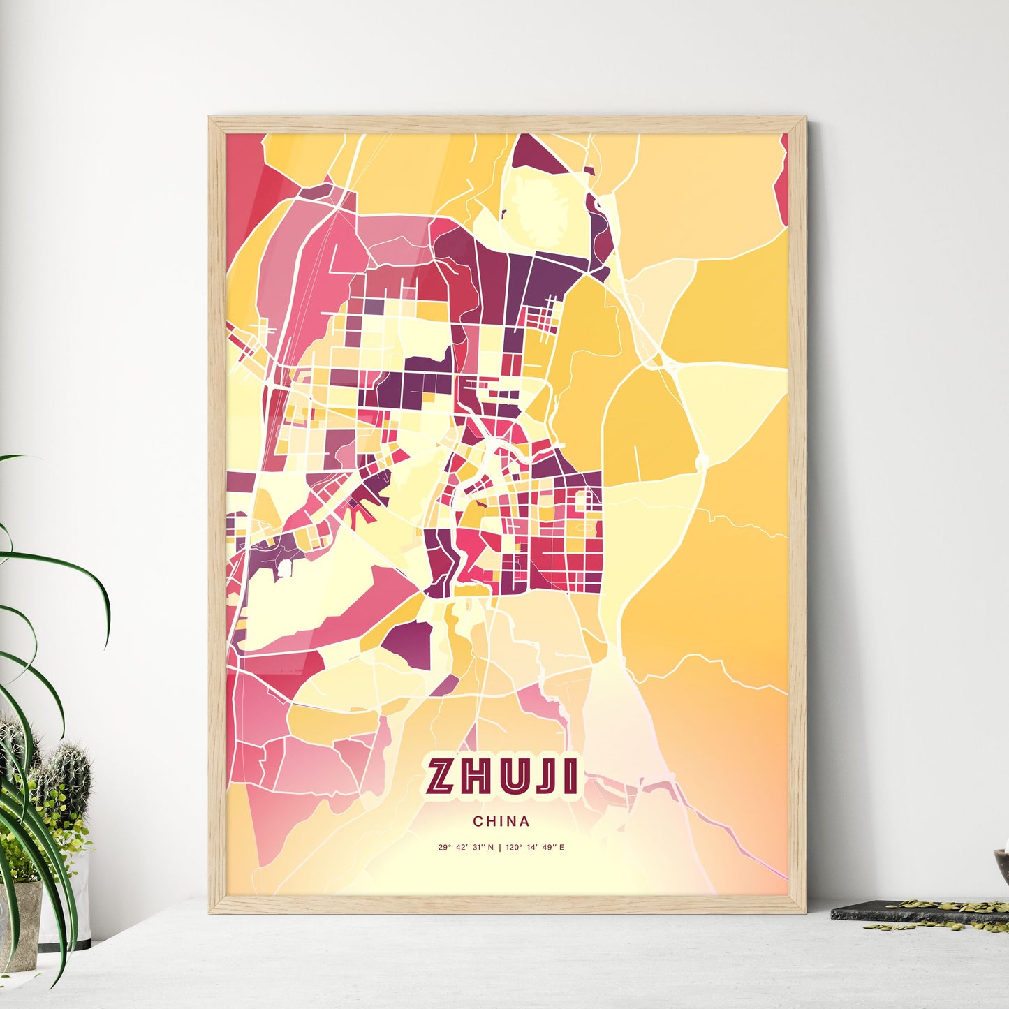 Colorful ZHUJI CHINA Fine Art Map Hot Red