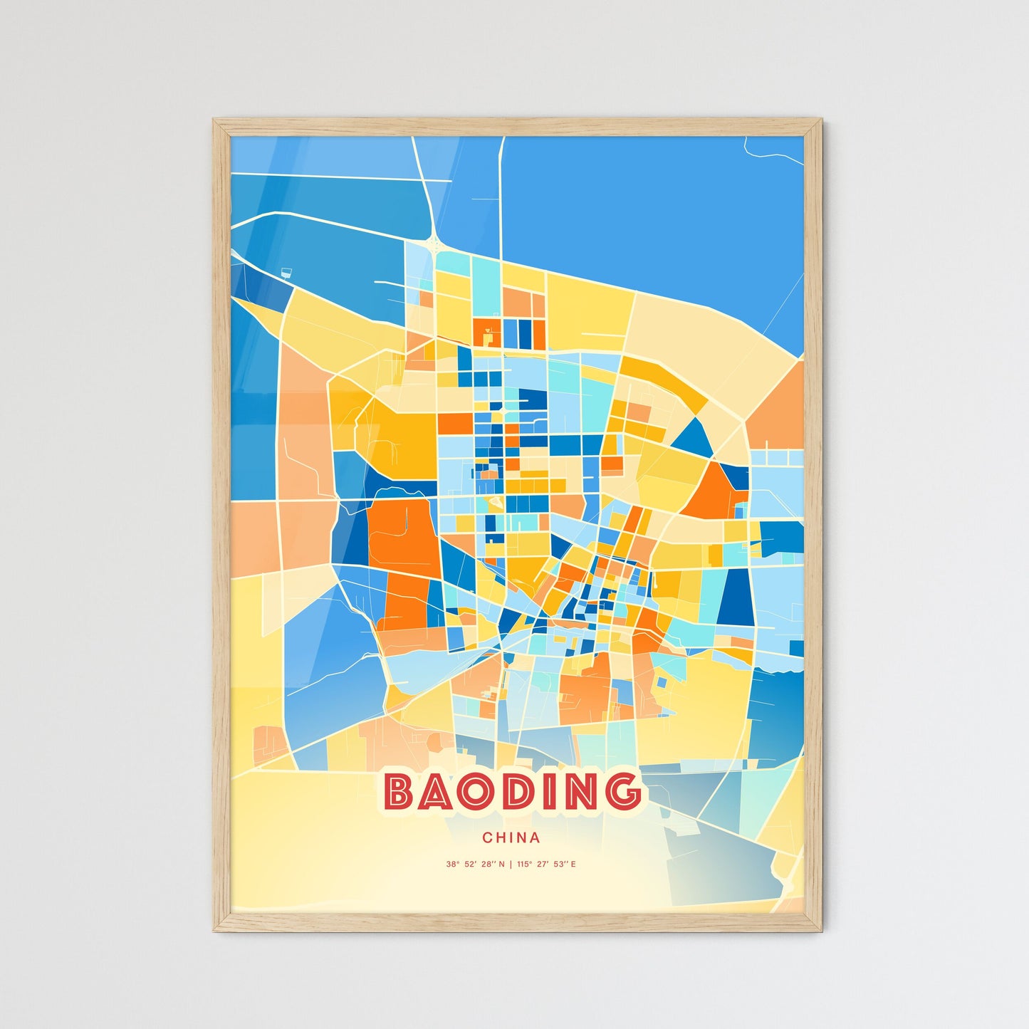 Colorful BAODING CHINA Fine Art Map Blue Orange