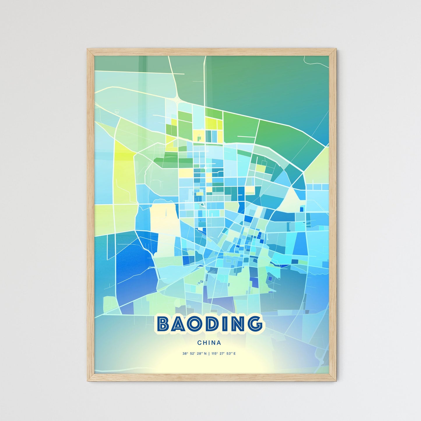 Colorful BAODING CHINA Fine Art Map Cool Blue