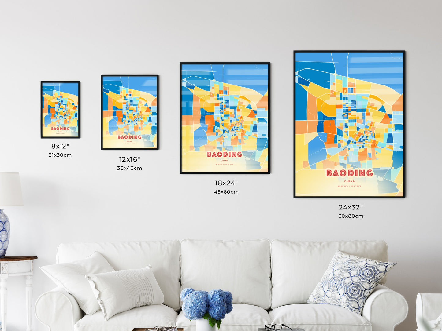 Colorful BAODING CHINA Fine Art Map Blue Orange