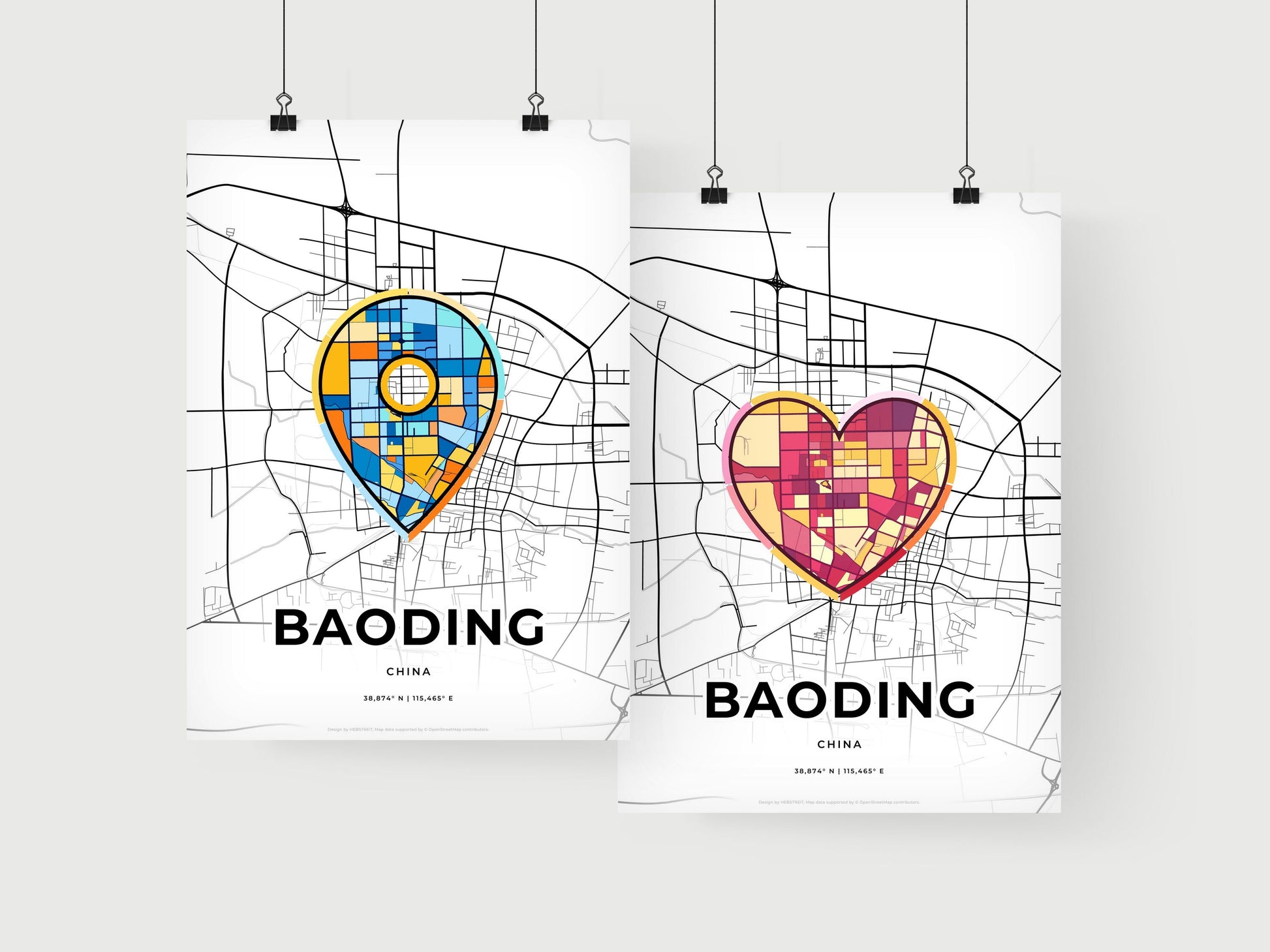 BAODING CHINA minimal art map with a colorful icon. Where it all began, Couple map gift.