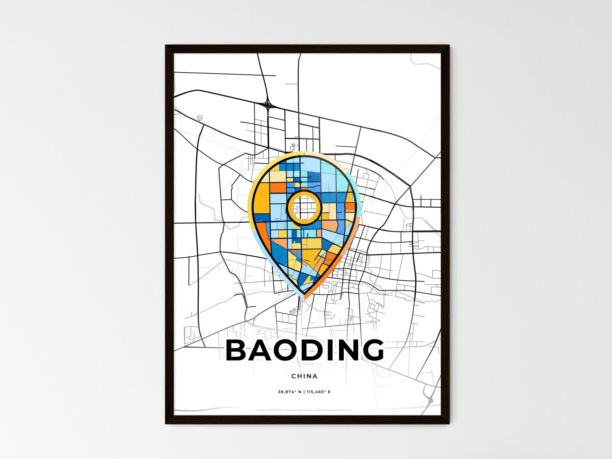 BAODING CHINA minimal art map with a colorful icon. Where it all began, Couple map gift. Style 1