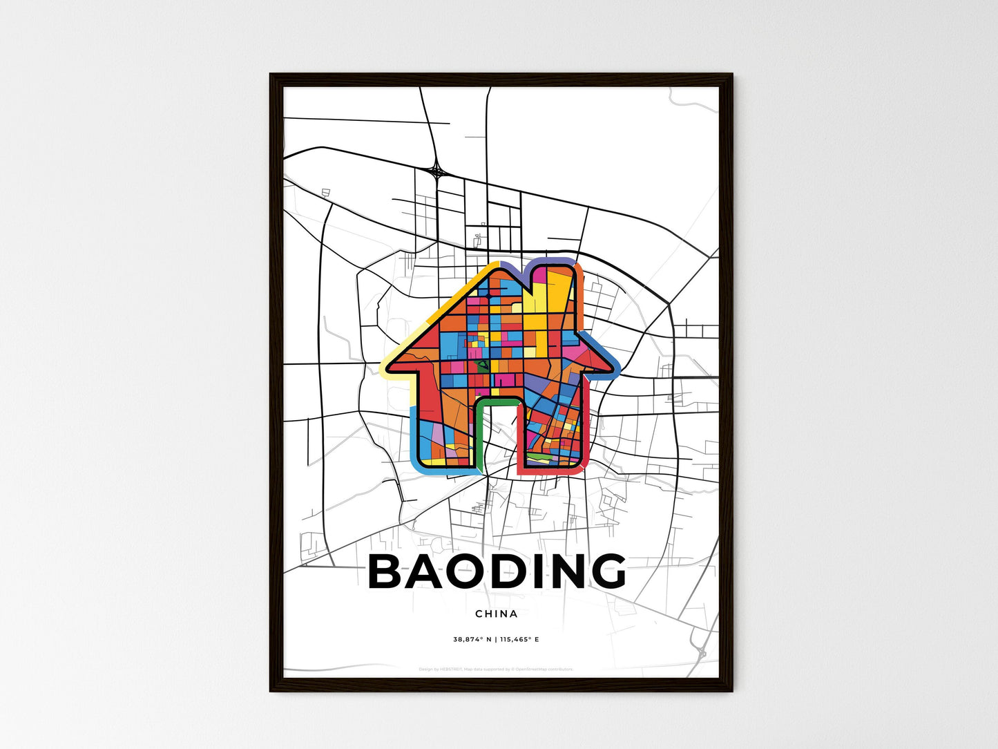 BAODING CHINA minimal art map with a colorful icon. Where it all began, Couple map gift. Style 3