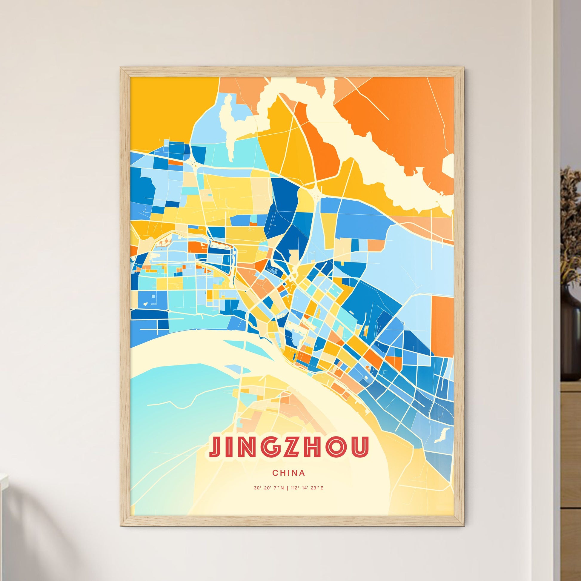 Colorful JINGZHOU CHINA Fine Art Map Blue Orange