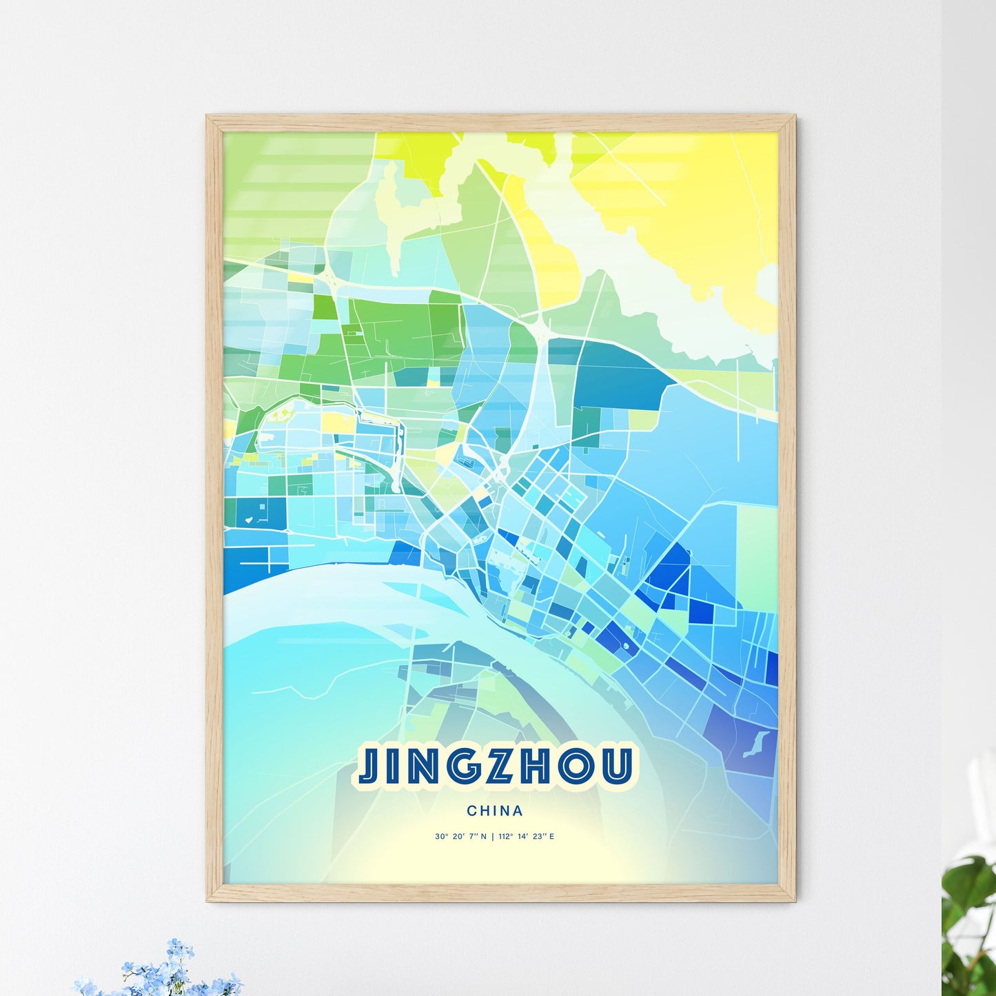 Colorful JINGZHOU CHINA Fine Art Map Cool Blue