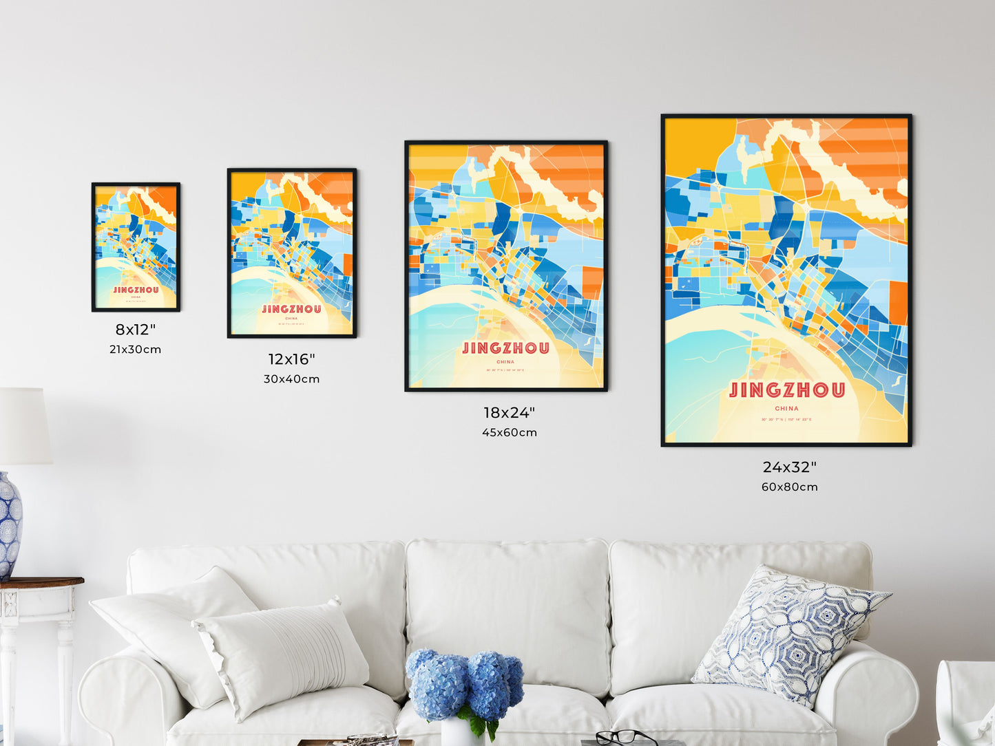 Colorful JINGZHOU CHINA Fine Art Map Blue Orange