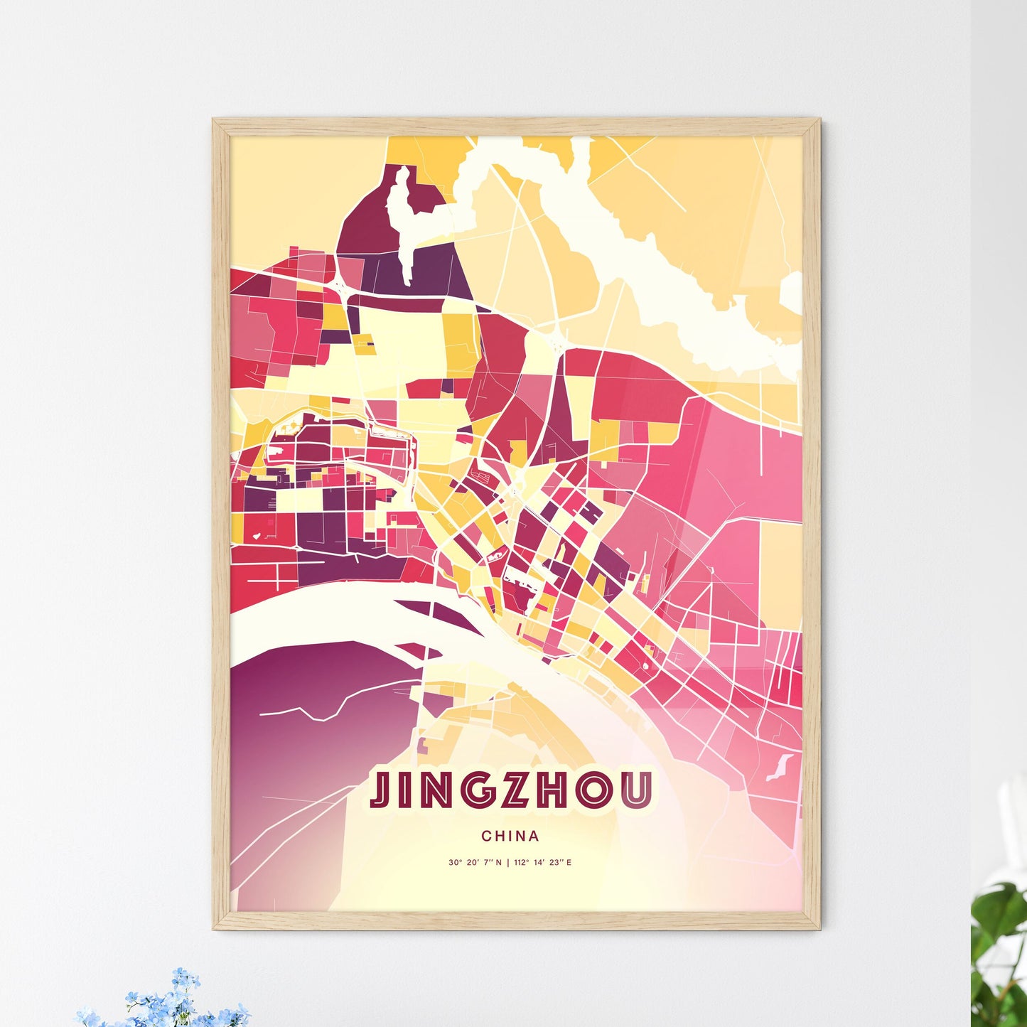 Colorful JINGZHOU CHINA Fine Art Map Hot Red