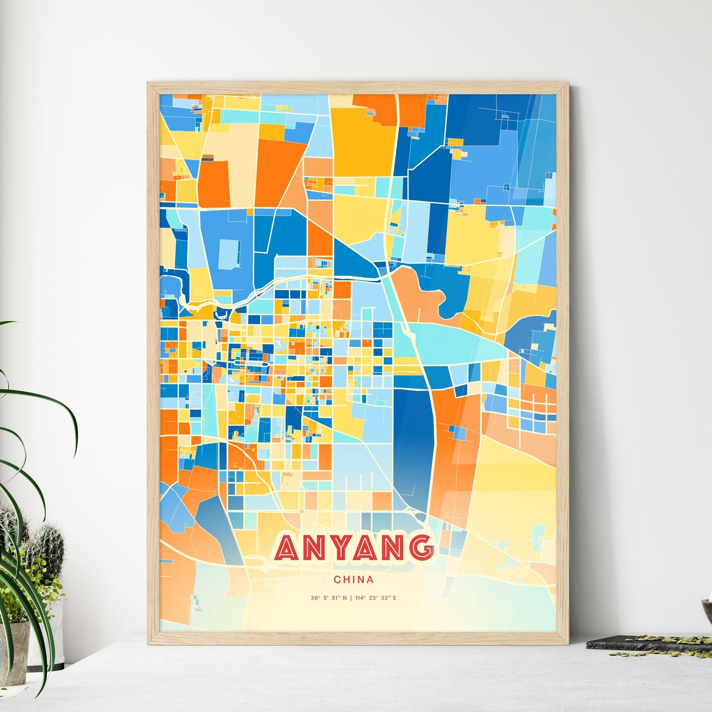 Colorful ANYANG CHINA Fine Art Map Blue Orange