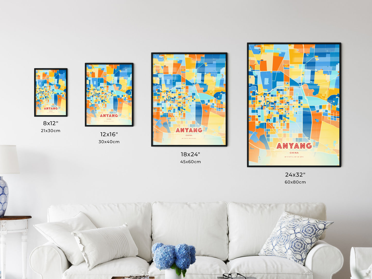 Colorful ANYANG CHINA Fine Art Map Blue Orange