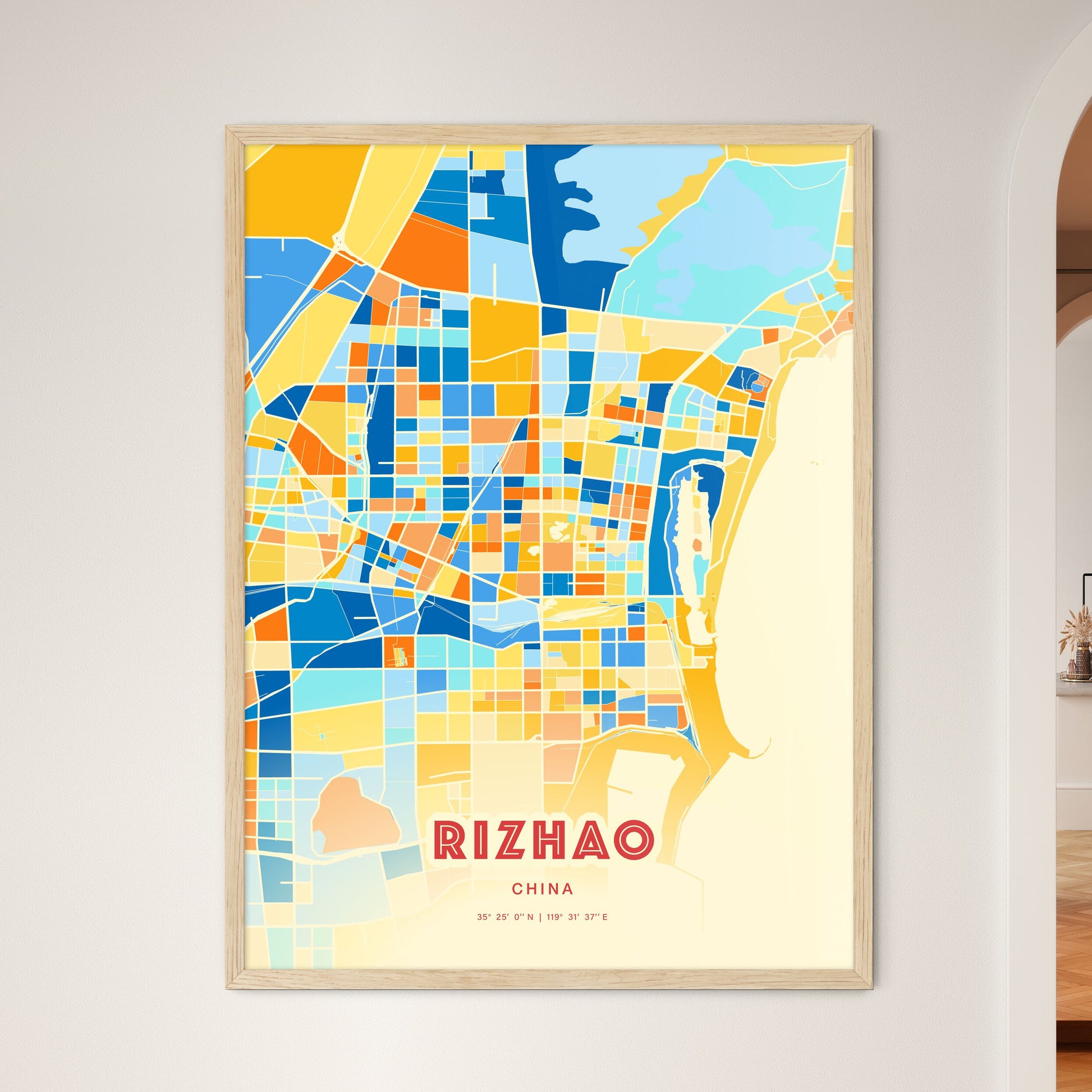 Colorful RIZHAO CHINA Fine Art Map Blue Orange