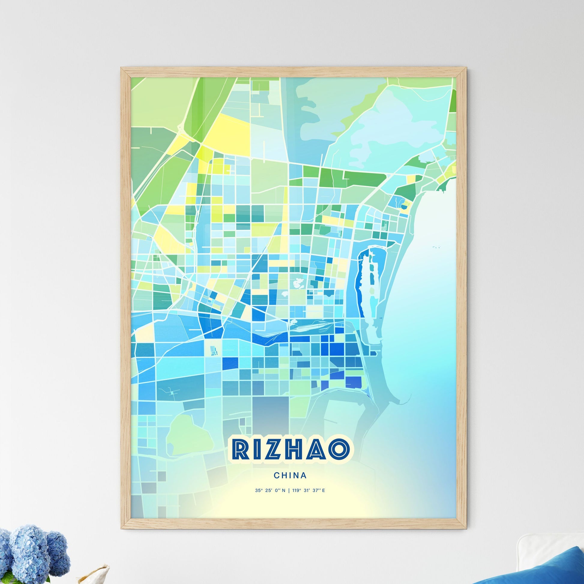 Colorful RIZHAO CHINA Fine Art Map Cool Blue