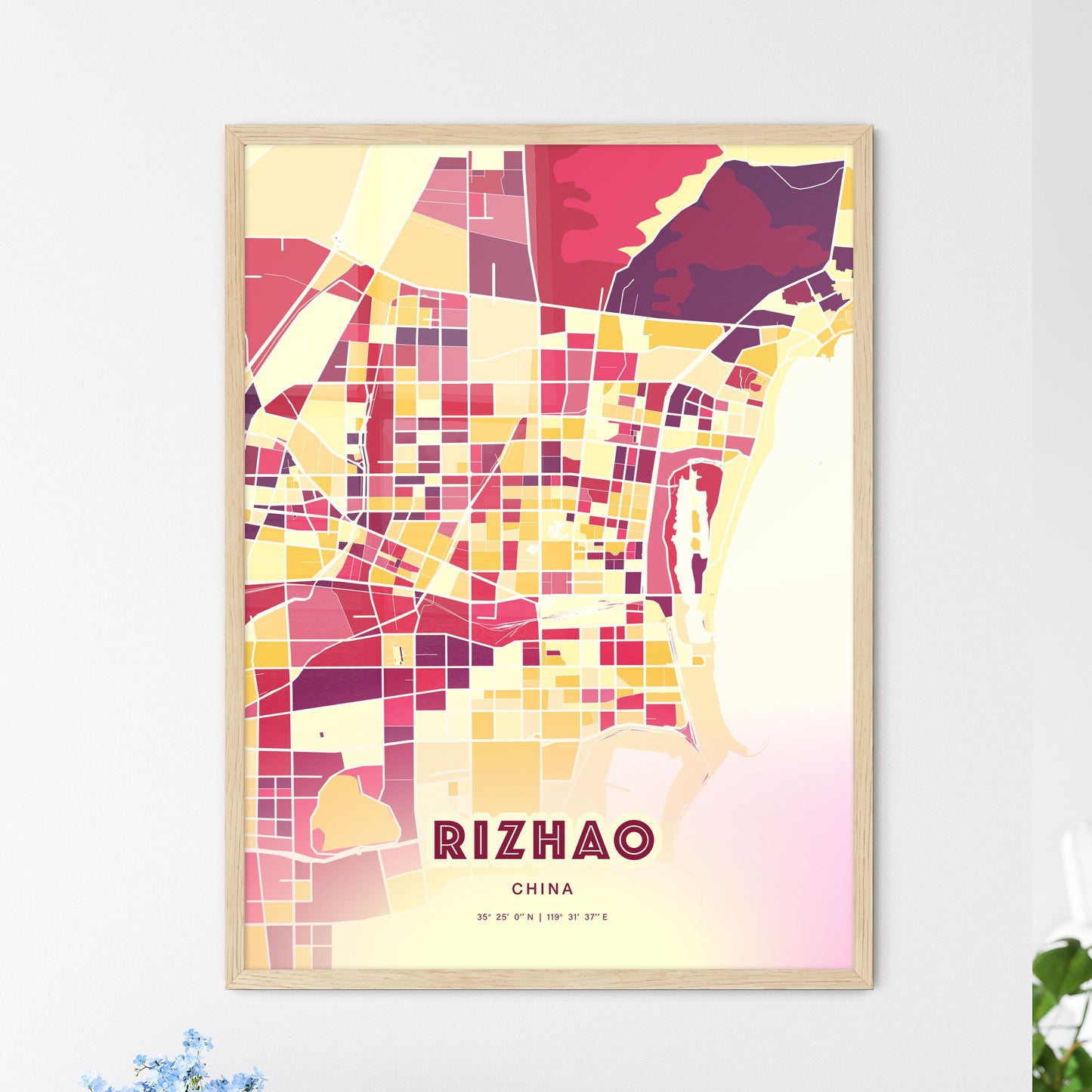 Colorful RIZHAO CHINA Fine Art Map Hot Red