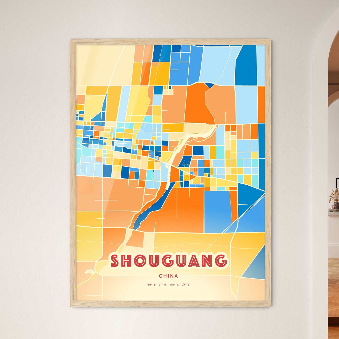 Colorful SHOUGUANG CHINA Fine Art Map Blue Orange