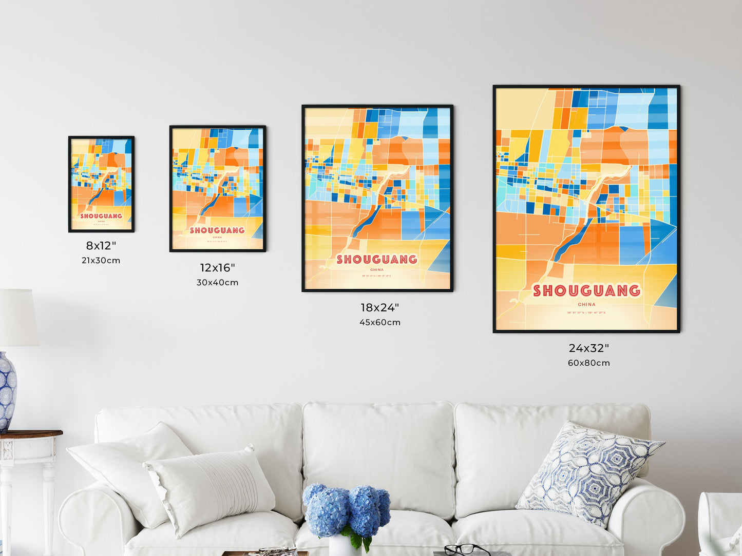 Colorful SHOUGUANG CHINA Fine Art Map Blue Orange