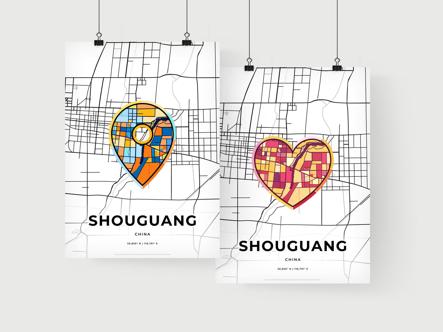 SHOUGUANG CHINA minimal art map with a colorful icon.