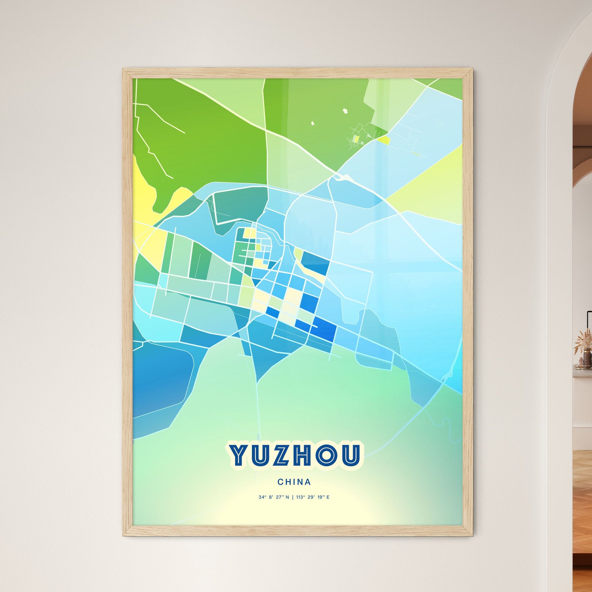 Colorful YUZHOU CHINA Fine Art Map Cool Blue