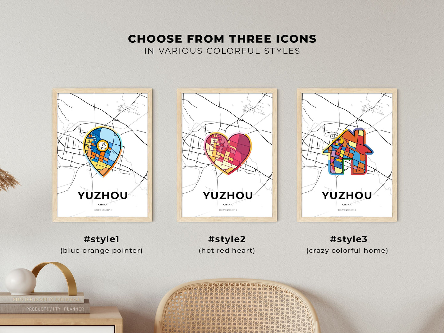 YUZHOU CHINA minimal art map with a colorful icon. Where it all began, Couple map gift.