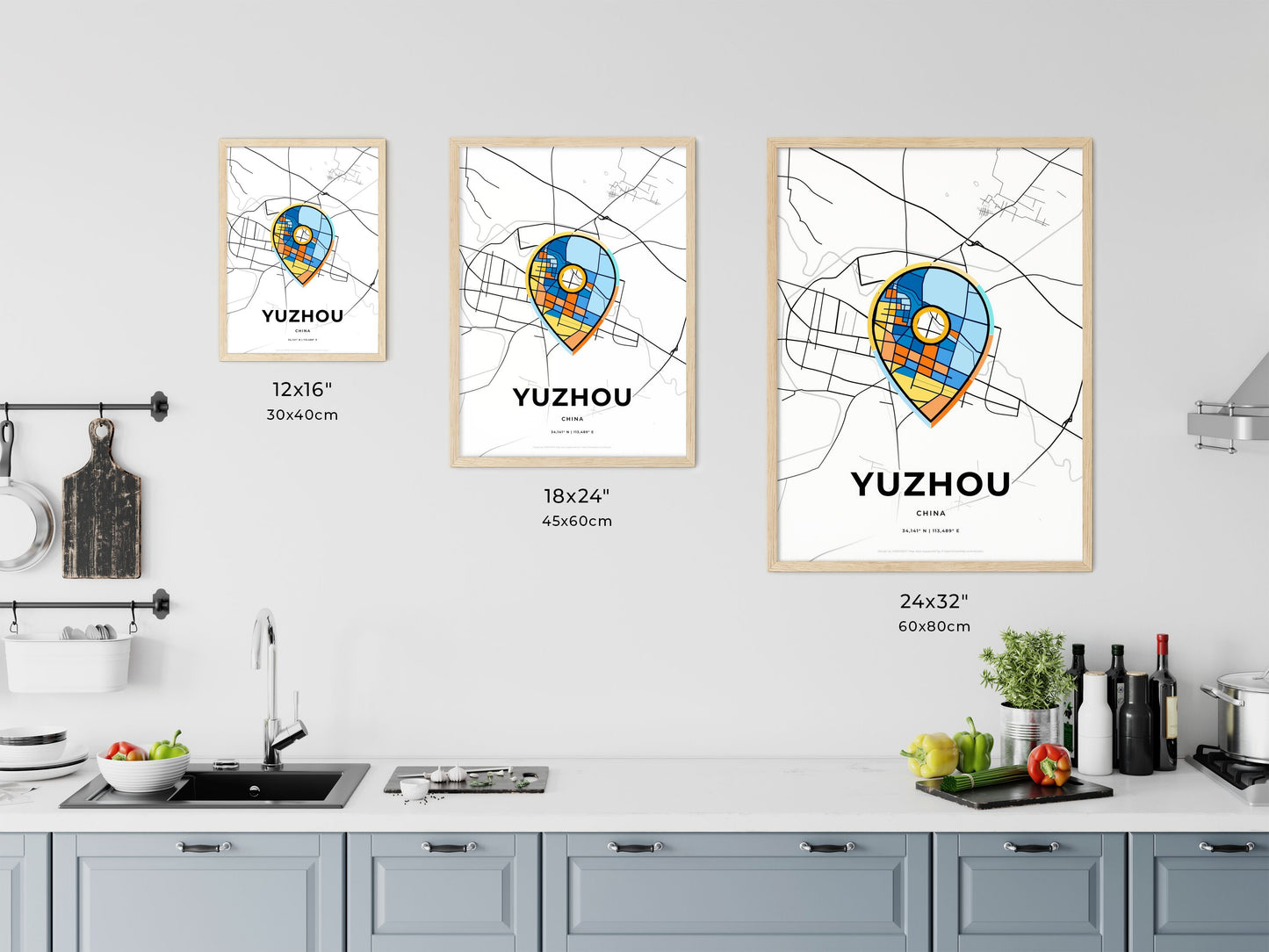 YUZHOU CHINA minimal art map with a colorful icon. Where it all began, Couple map gift.