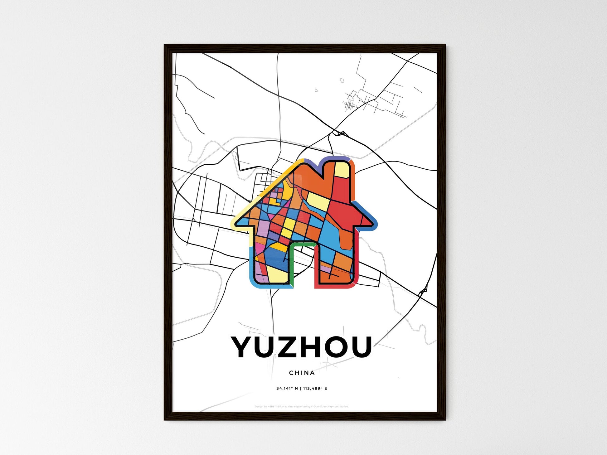 YUZHOU CHINA minimal art map with a colorful icon. Where it all began, Couple map gift. Style 3