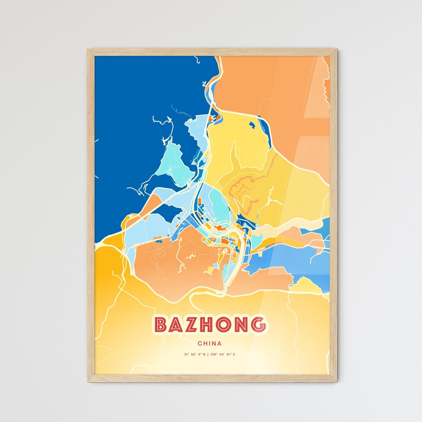 Colorful BAZHONG CHINA Fine Art Map Blue Orange