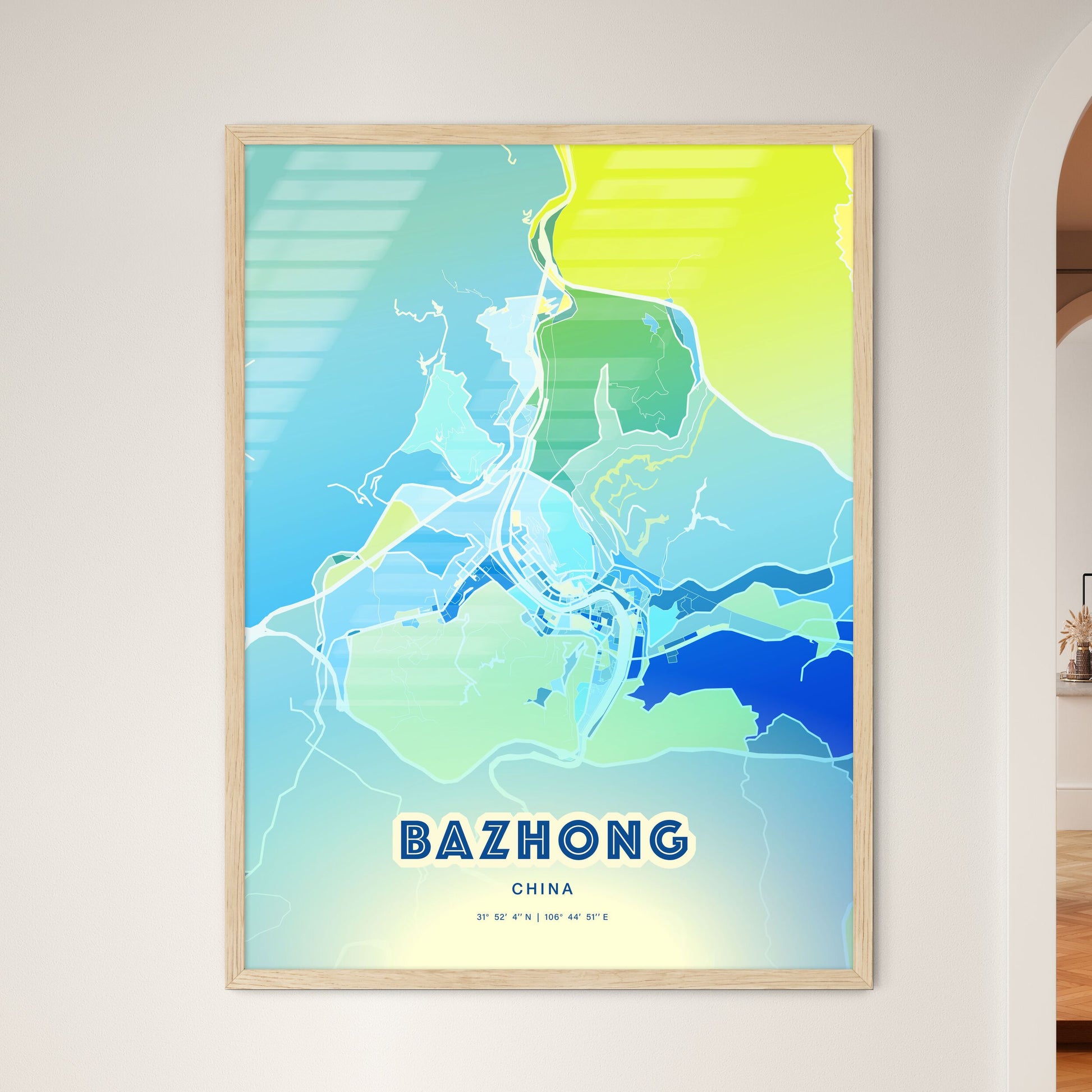 Colorful BAZHONG CHINA Fine Art Map Cool Blue