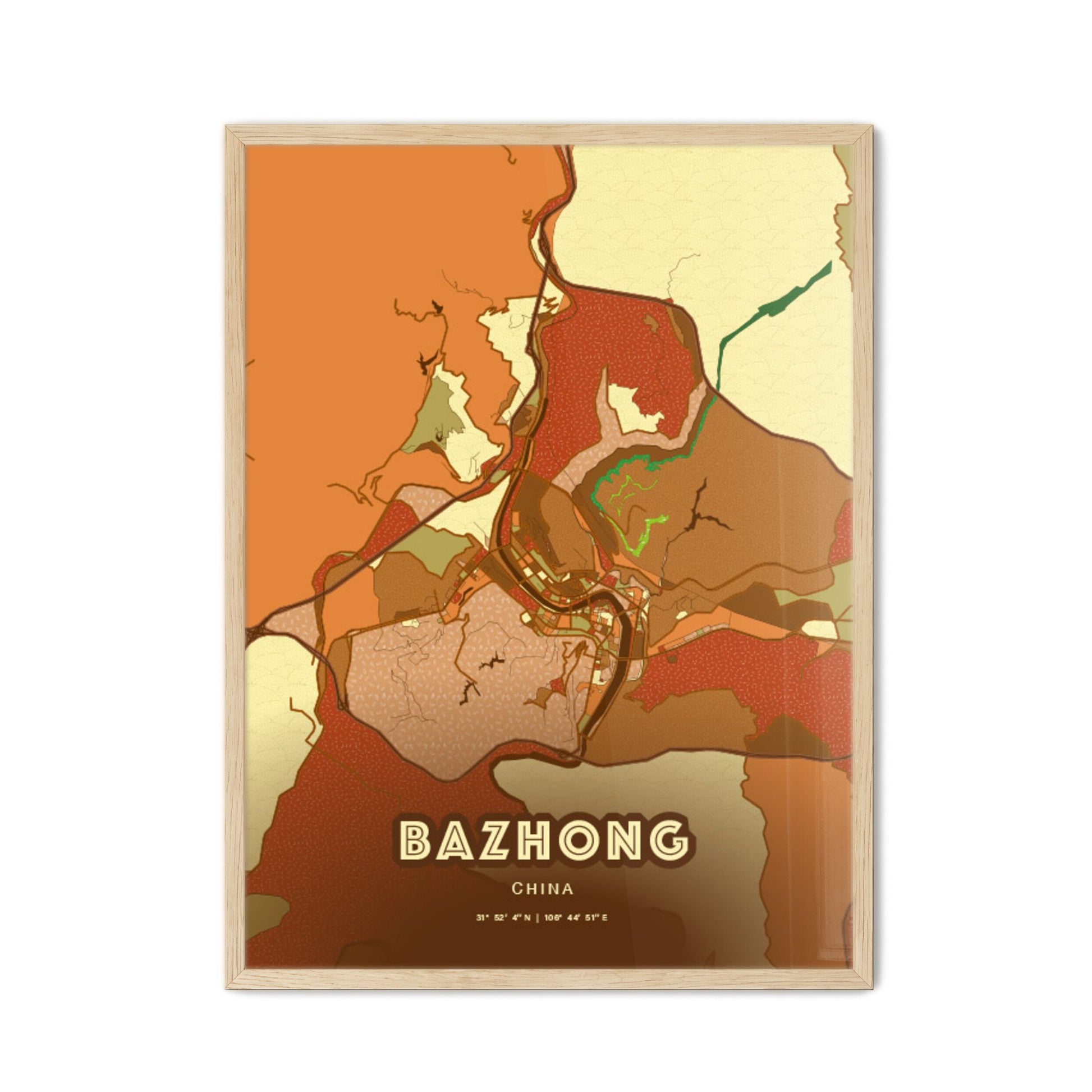 Colorful BAZHONG CHINA Fine Art Map Farmhouse