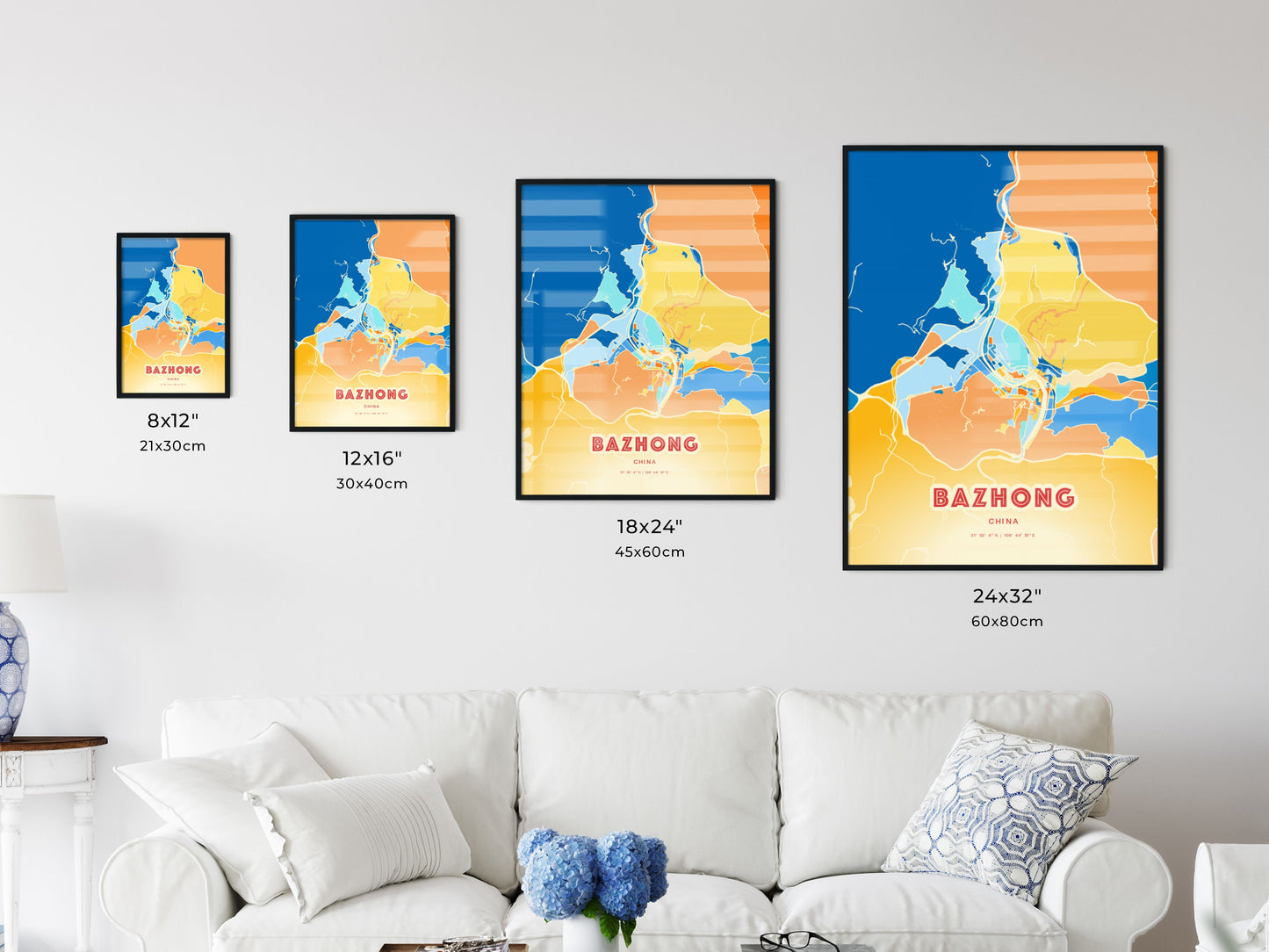 Colorful BAZHONG CHINA Fine Art Map Blue Orange