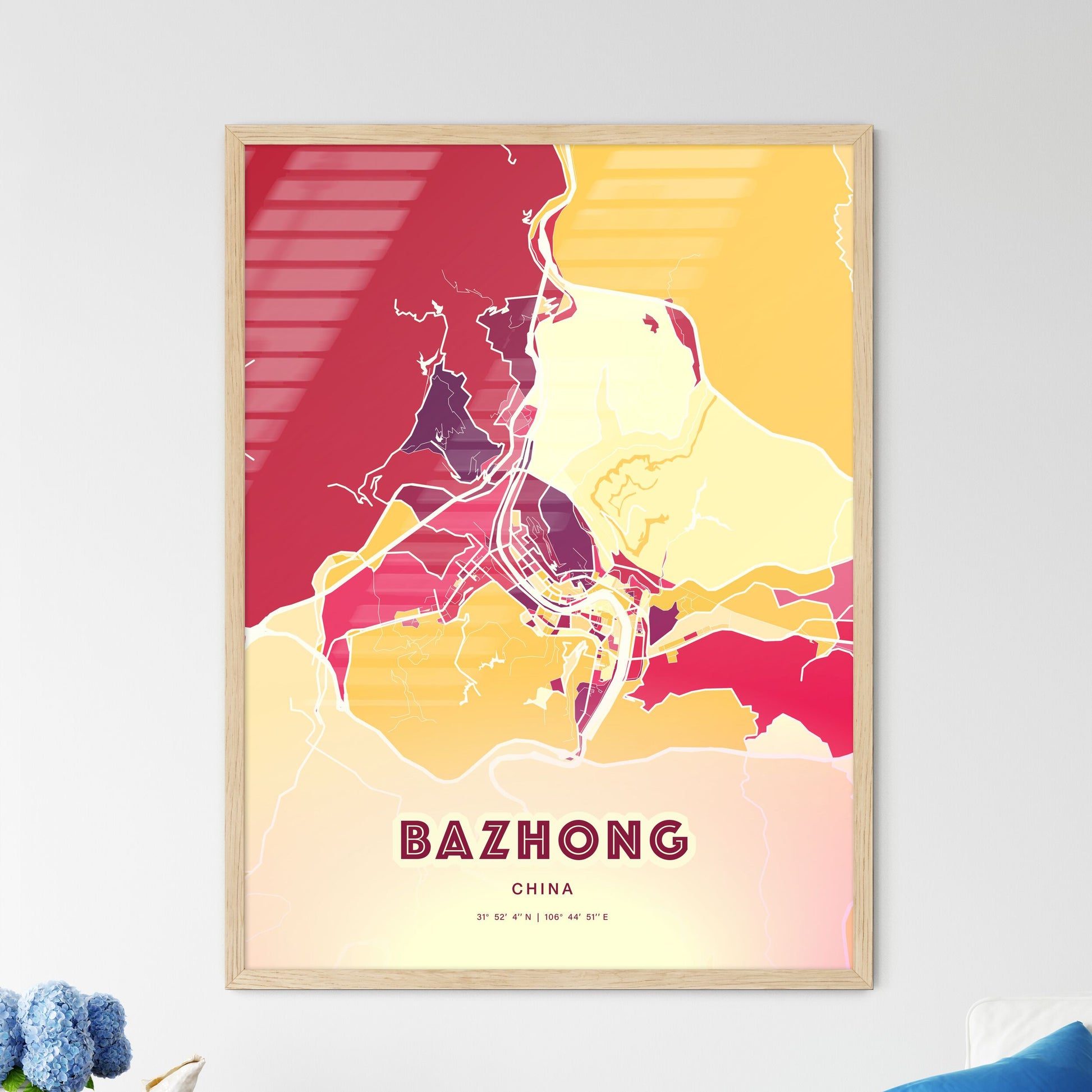 Colorful BAZHONG CHINA Fine Art Map Hot Red