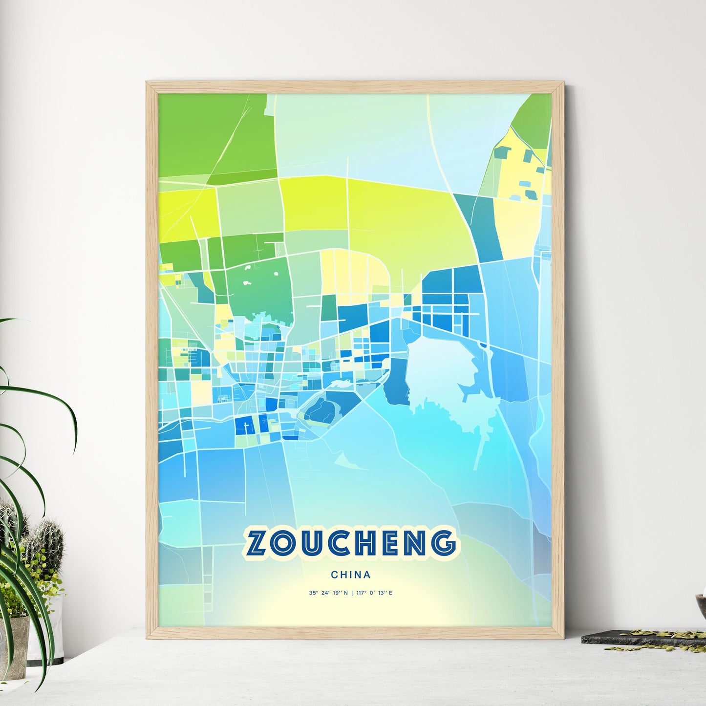 Colorful ZOUCHENG CHINA Fine Art Map Cool Blue