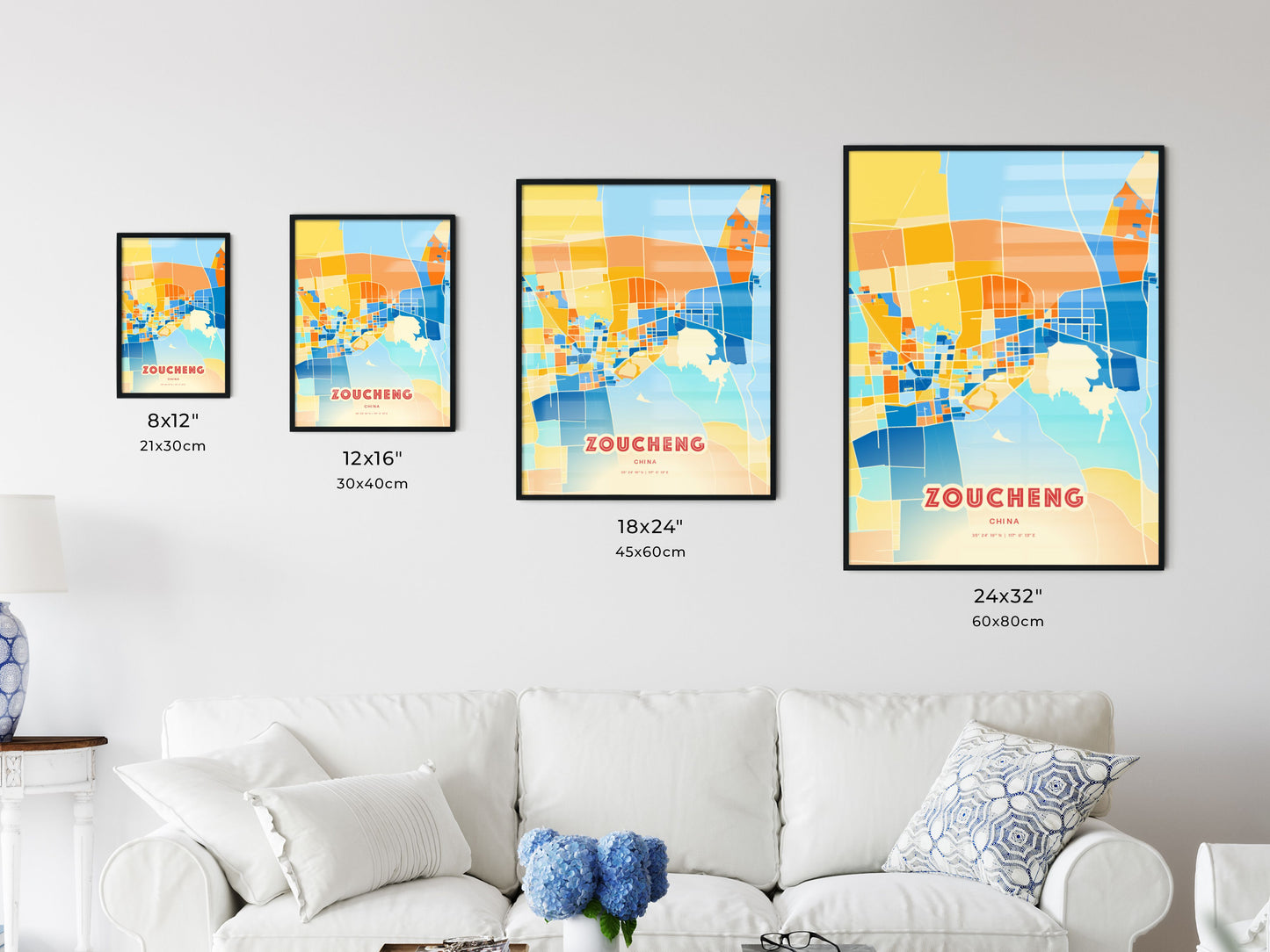 Colorful ZOUCHENG CHINA Fine Art Map Blue Orange