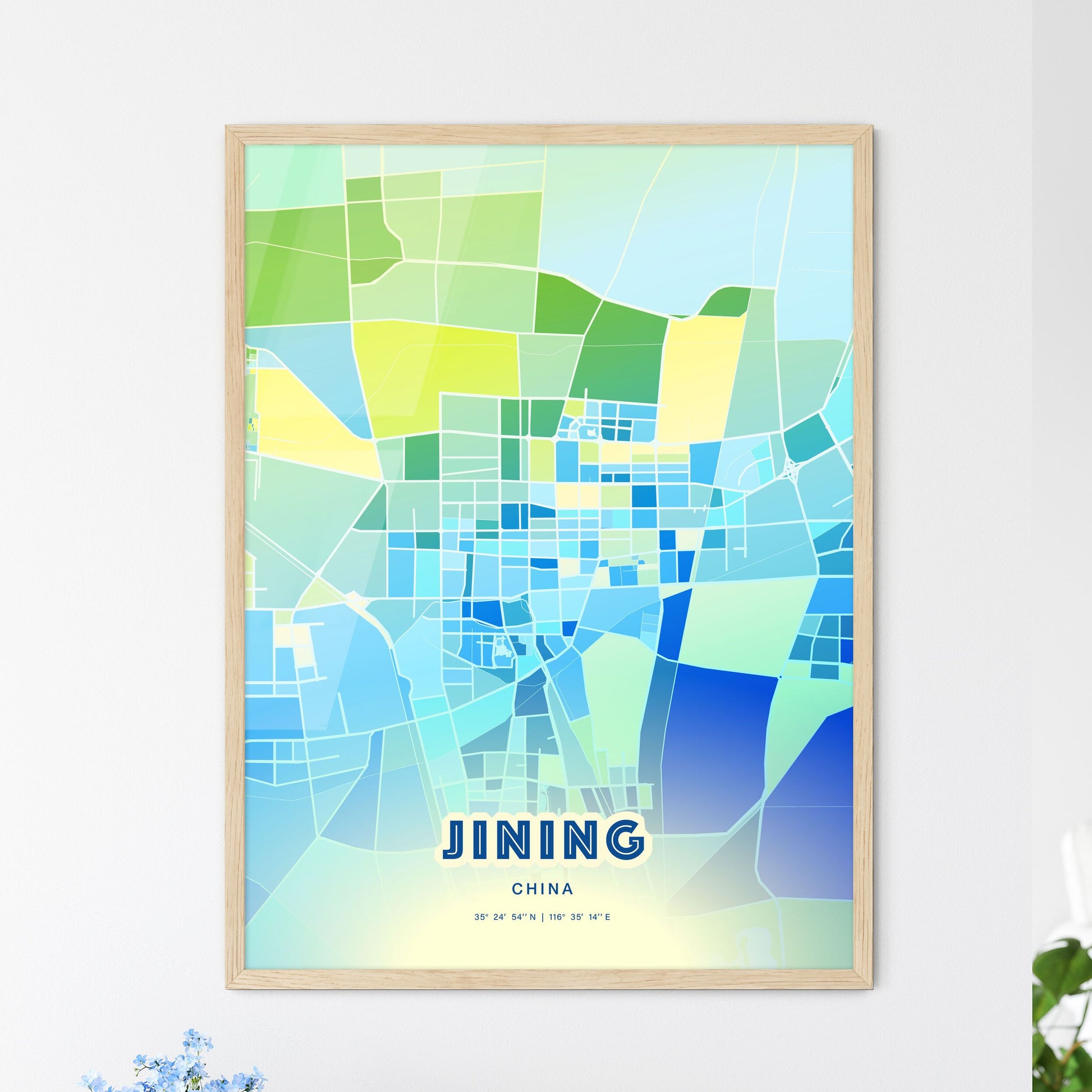 Colorful JINING CHINA Fine Art Map Cool Blue