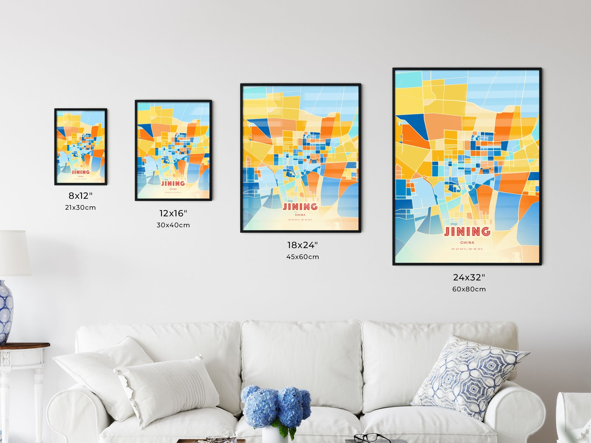 Colorful JINING CHINA Fine Art Map Blue Orange