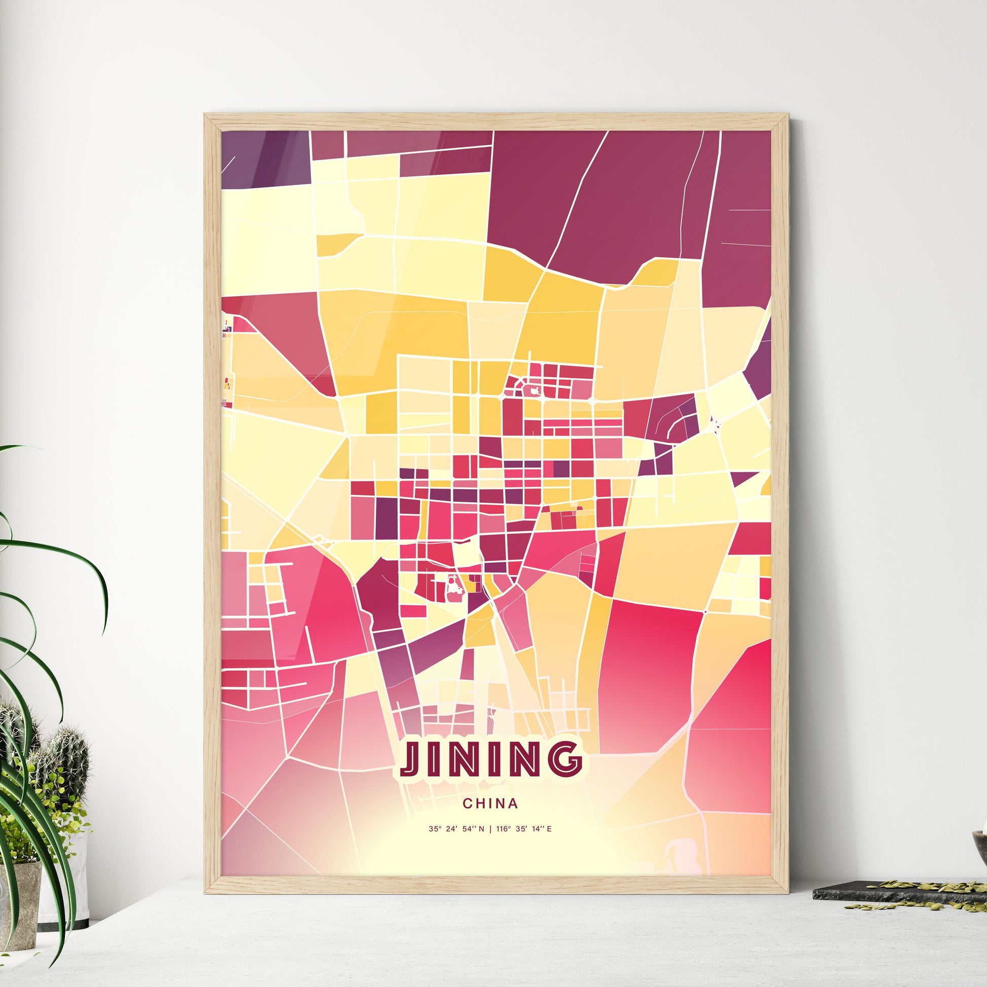 Colorful JINING CHINA Fine Art Map Hot Red