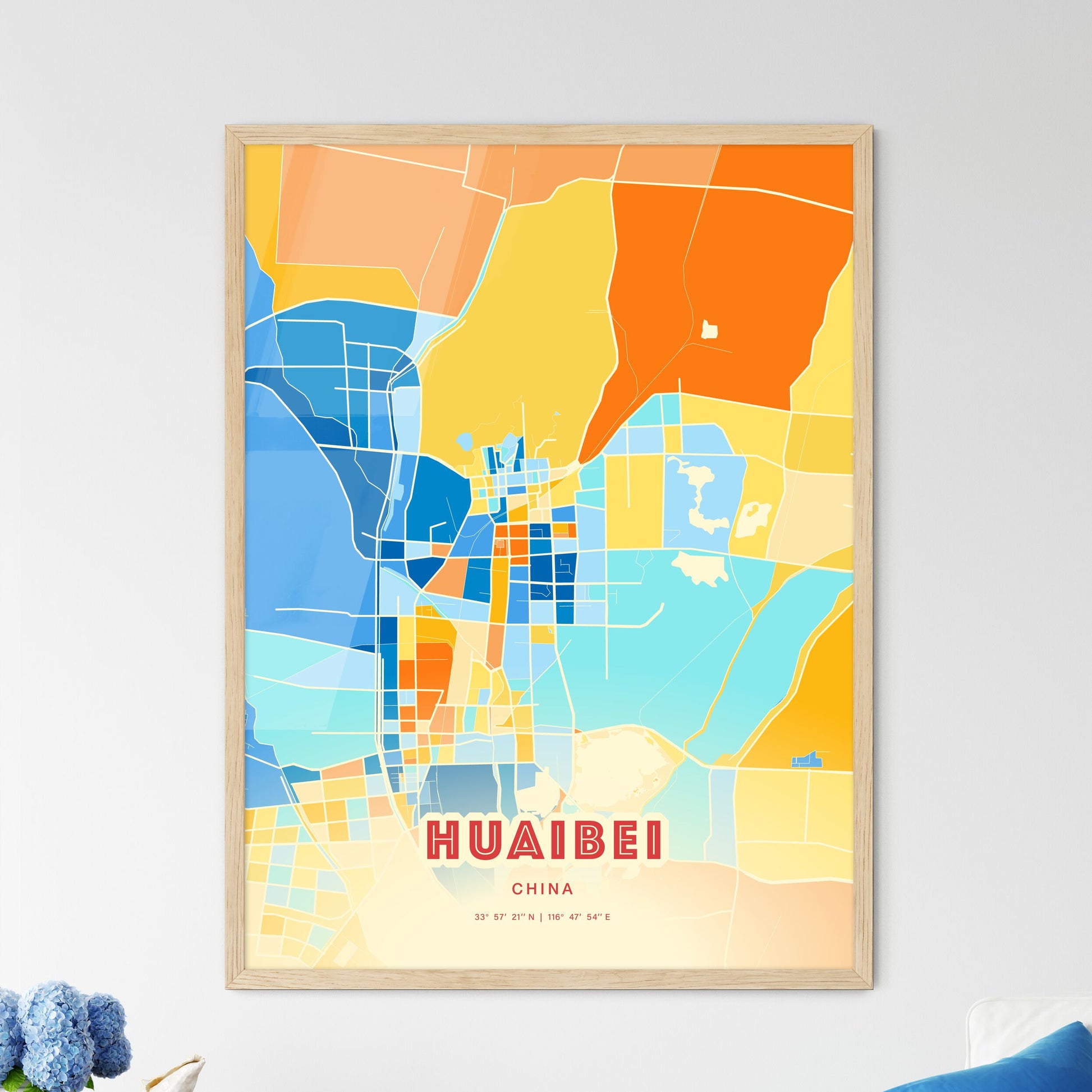 Colorful HUAIBEI CHINA Fine Art Map Blue Orange