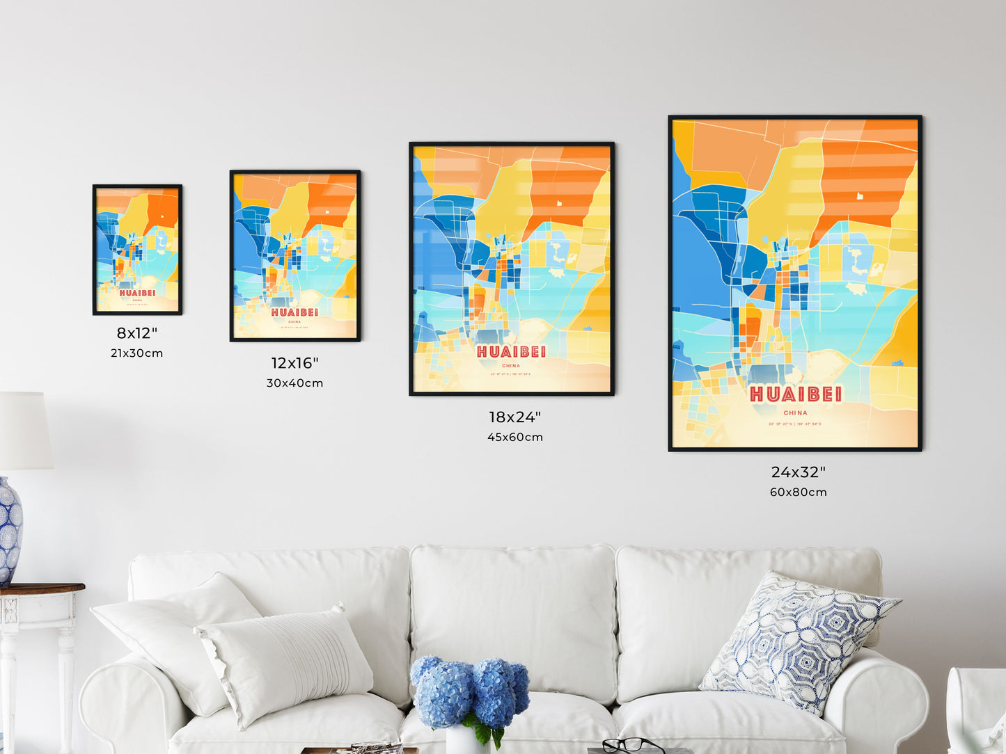 Colorful HUAIBEI CHINA Fine Art Map Blue Orange