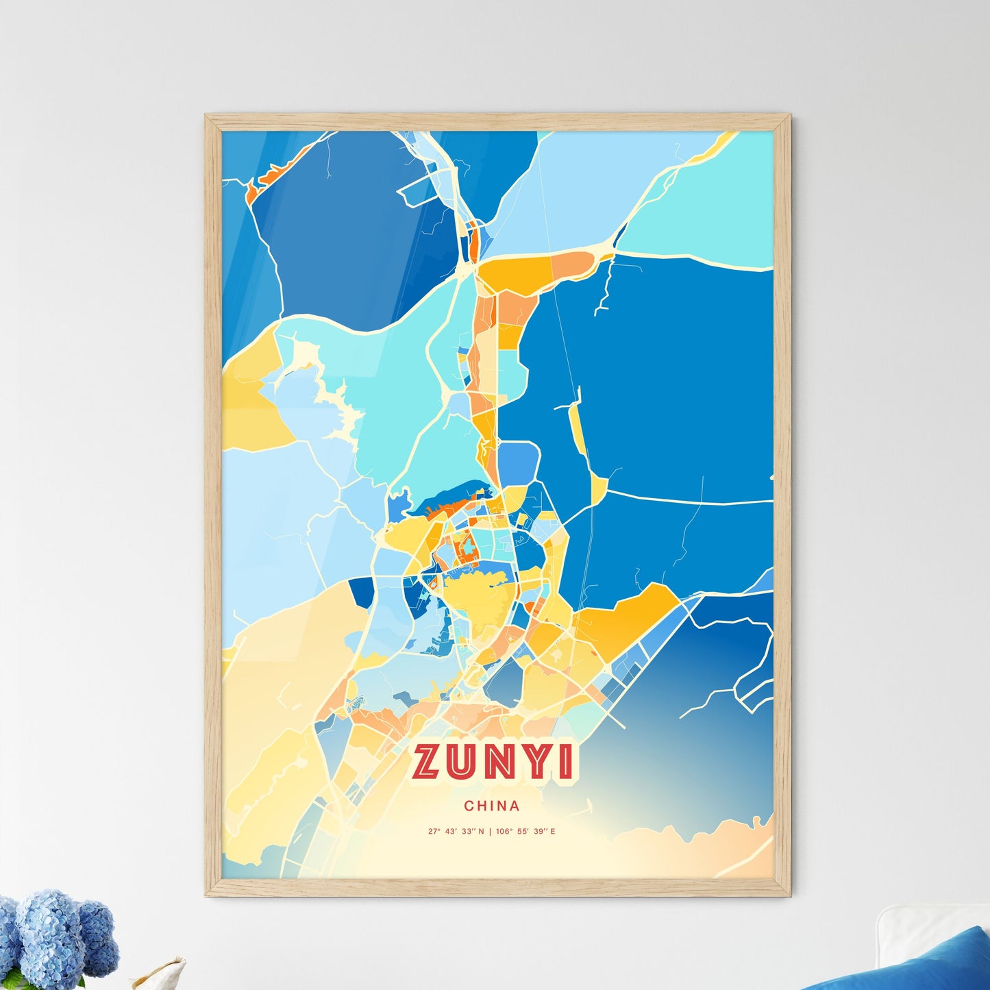 Colorful ZUNYI CHINA Fine Art Map Blue Orange