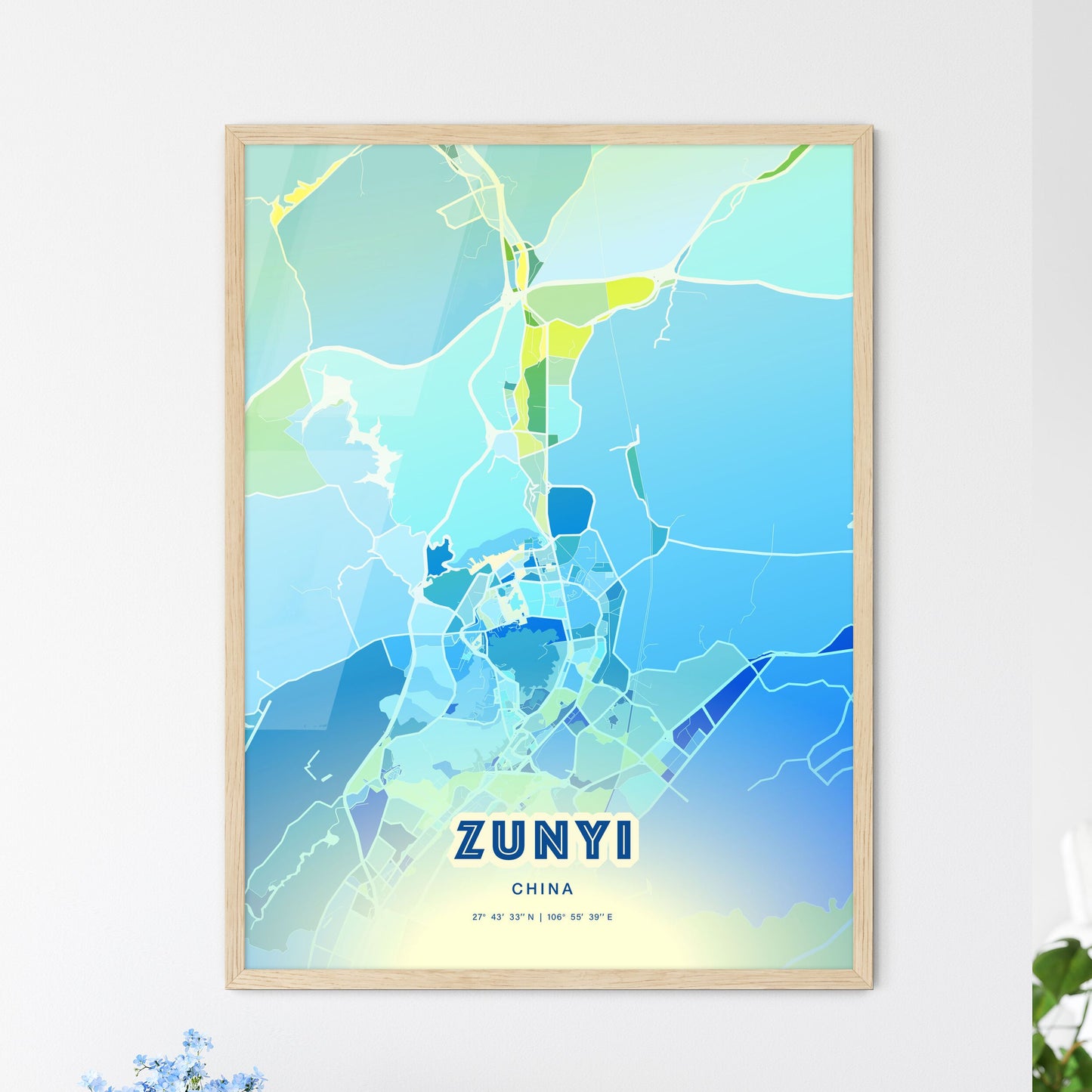 Colorful ZUNYI CHINA Fine Art Map Cool Blue